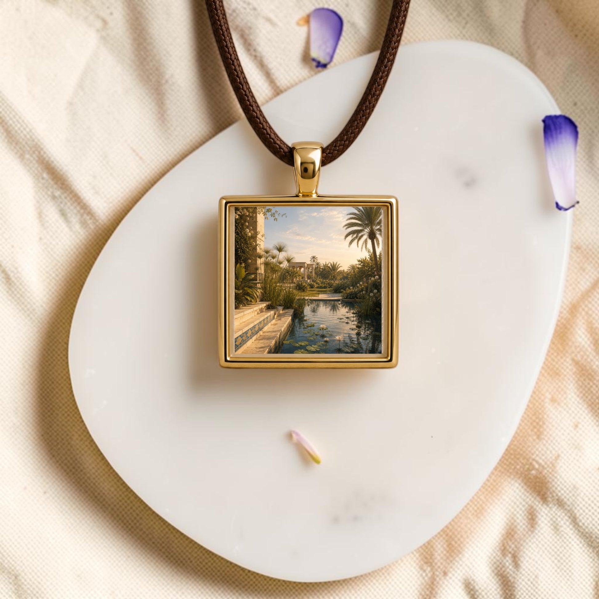 The Garden of Still Waters | Scene Pendant by Mirabilia Boutique features a square gold pendant adorned with a tropical landscape painting, suspended from a brown cord. Presented on a white stone slab accented with scattered purple and yellow flower petals against a beige fabric backdrop, this miniature wearable art piece evokes an Egyptian-inspired charm, adding exotic elegance to any jewelry collection.