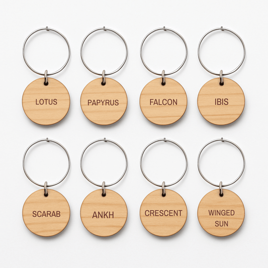 Eight wooden keychains with metal rings, each engraved with a distinct word—LOTUS, PAPYRUS, FALCON, IBIS, SCARAB, ANKH, CRESCENT, and WINGED SUN—are beautifully arranged in two rows. The Ancient Egyptian Wine Charms by Mirabilia Boutique | Lapis & Lotus feature designs inspired by traditional Egyptian motifs, making them the ideal wine accessories to bring a touch of ancient elegance to your gatherings.