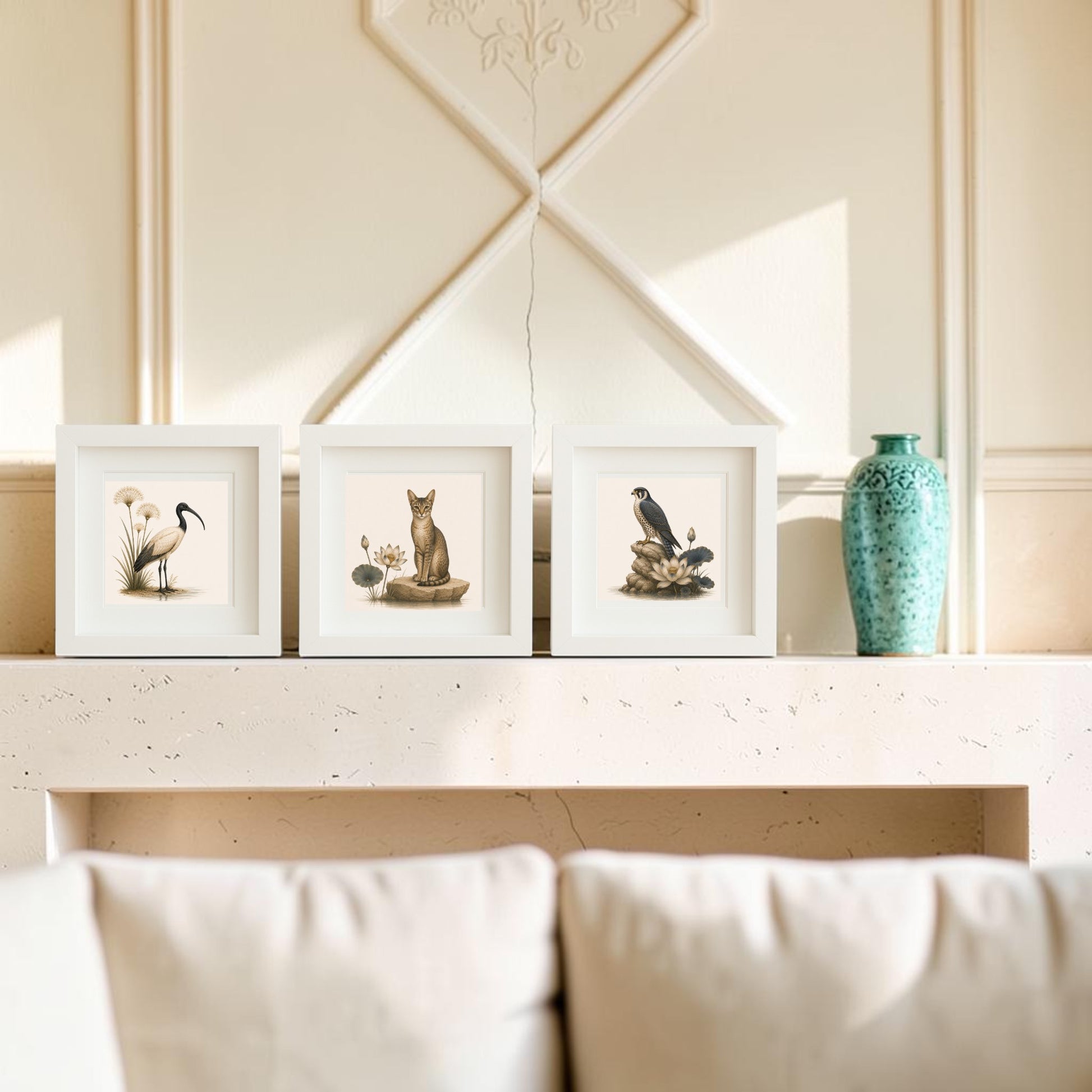 Three framed animal illustrations—a bird, a fox, and a toucan—from the Keepers of the Nile | Mirabilia Relics collection by Mirabilia Boutique are displayed as framed canvas artwork on a mantel next to a teal vase, with a cream-colored wall and couch in the background.