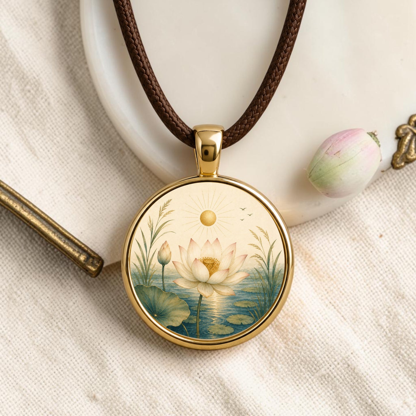 The Becoming | Story Pendant Necklace by Mirabilia Boutique is a gold lotus pendant on a brown cord, featuring an illustration of a white lotus flower and buds floating on water, surrounded by greenery, sunlight, and birds in the sky. This exquisite piece of botanical jewelry is displayed on textured cream fabric next to a pink flower bud.
