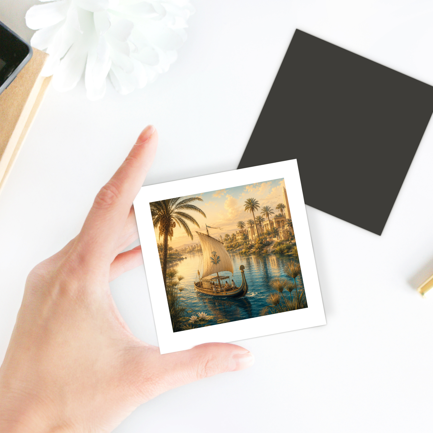 A hand holds the “Along the Nile Ancient Egypt Art Magnet” by Mirabilia Boutique, featuring a photo of a boat sailing on a river bordered by palm trees at sunset; in the background, a white flower, dark card, and gold pen rest on a white desk—making this magnet the perfect collectible decorative accent inspired by Nile decor.