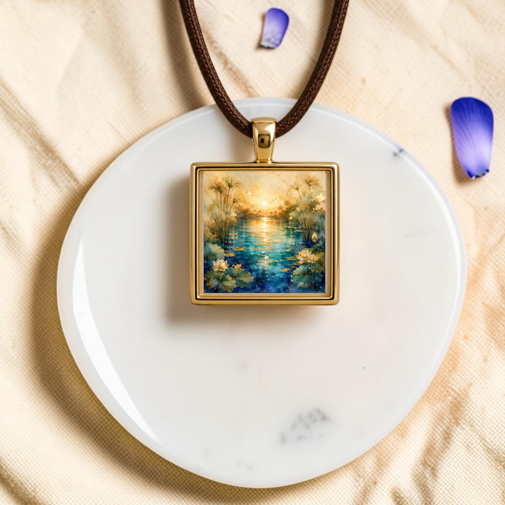 Introducing the Nile Light | Scene Pendant Necklace from Mirabilia Boutique—a gold pendant necklace featuring a square charm adorned with a hand-painted landscape of a tranquil pond at sunset. Displayed on a round white stone and surrounded by scattered purple flower petals, this piece is part of the Lapis & Lotus collection and exquisitely captures the serene beauty of nature in miniature artistry.