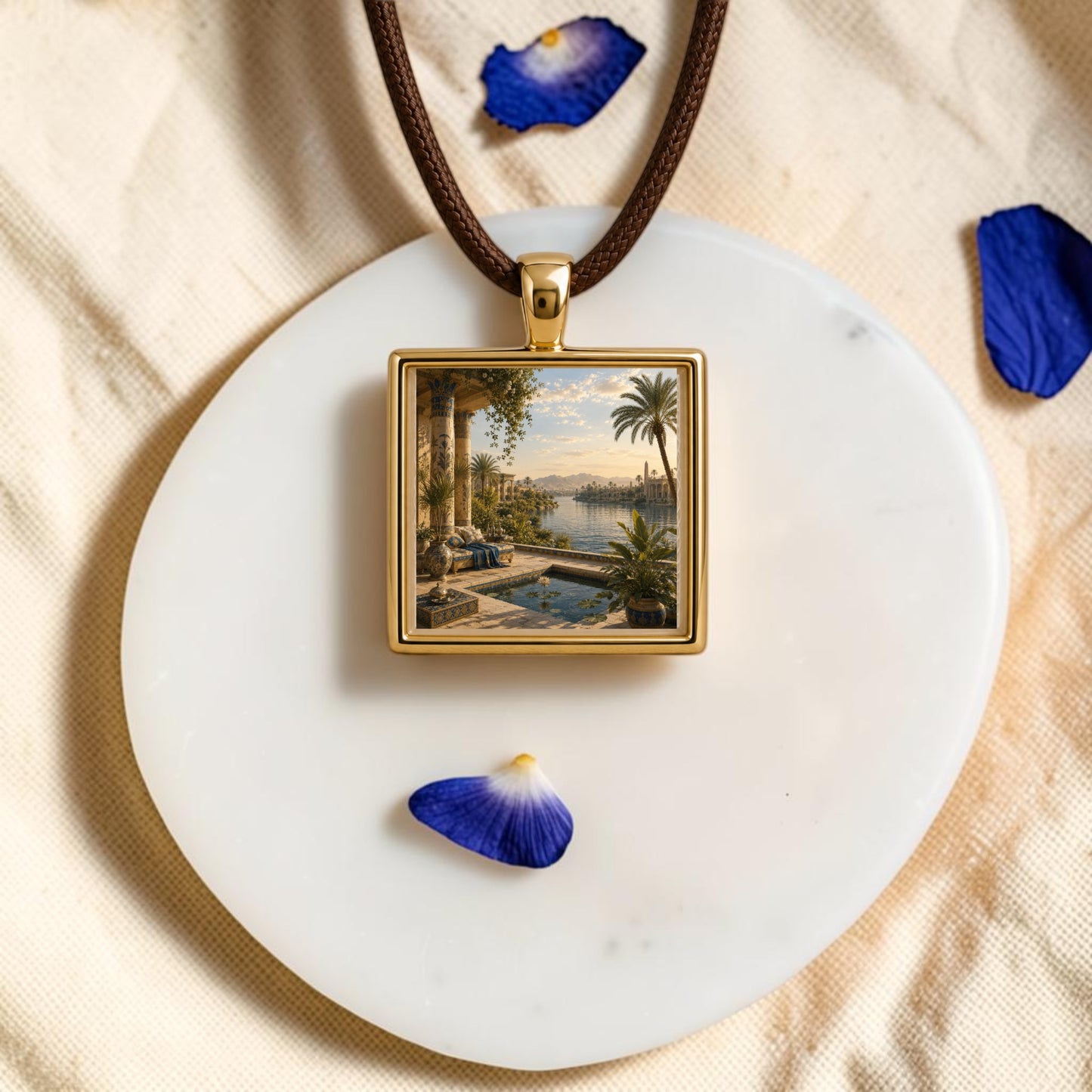 A square gold View of the Nile | Scene Pendant Necklace by Mirabilia Boutique, featuring a scenic landscape design reminiscent of a miniature artwork, rests on a round white stone with blue flower petals scattered nearby on a beige fabric background.