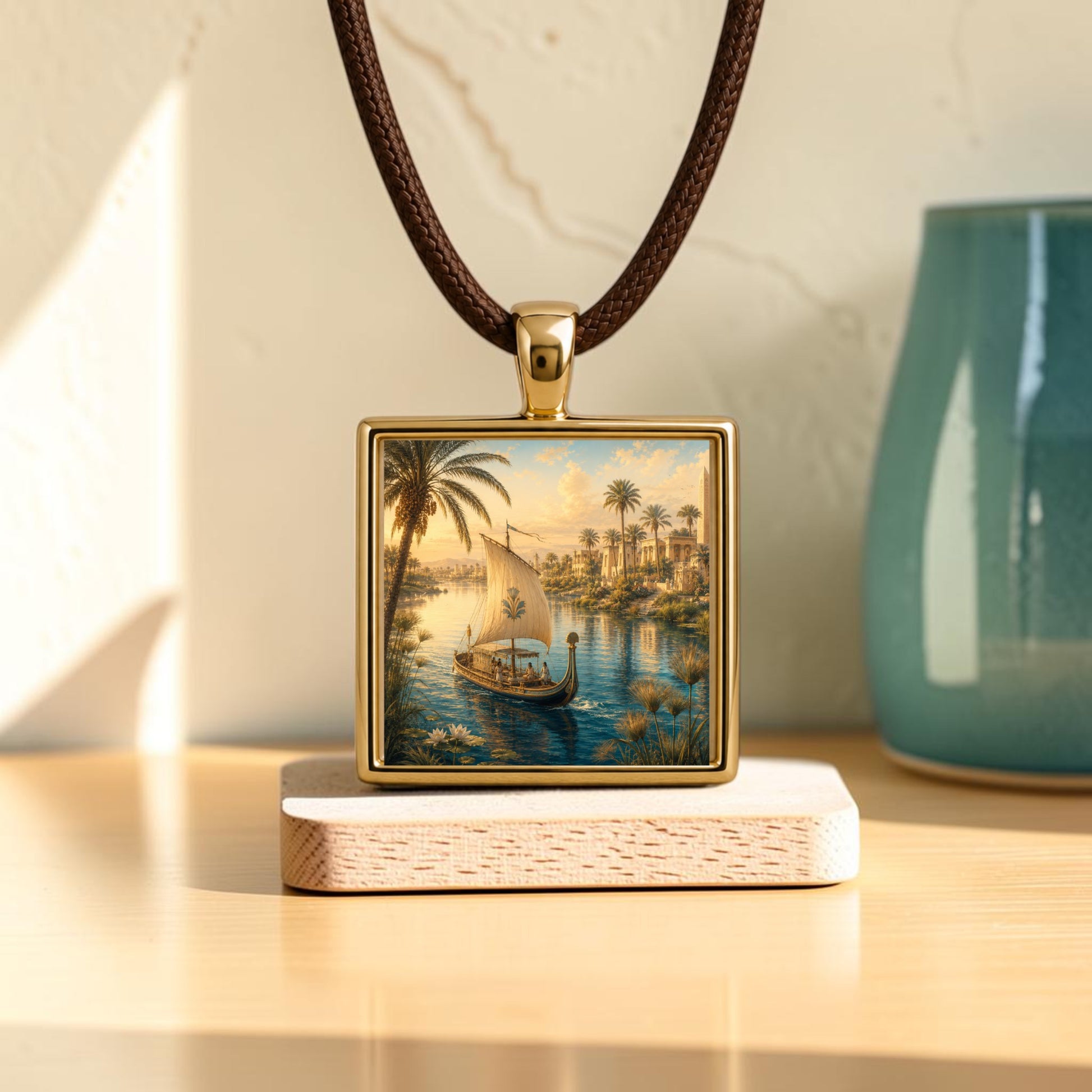 The Along the Nile | Scene Pendant Necklace by Mirabilia Boutique features a square gold pendant with a hand-painted sailboat on a river with palm trees, reminiscent of Nile jewelry, displayed on a small wooden stand next to a blue vase.
