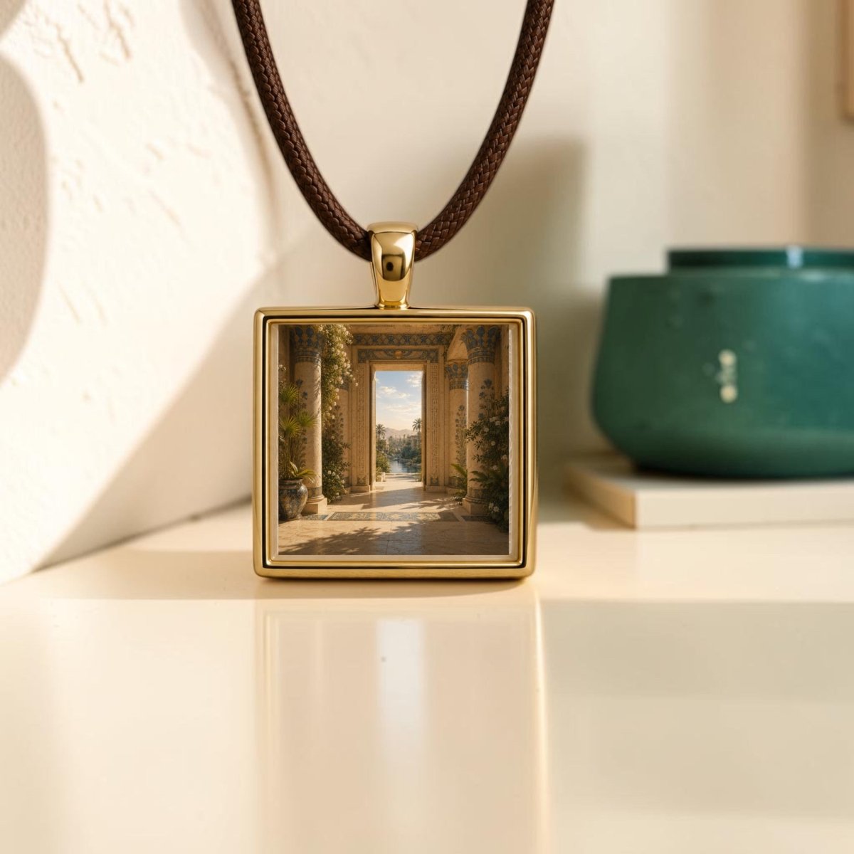 The Beyond the Threshold | Scene Pendant Necklace by Mirabilia Boutique features a gold square pendant on a brown cord, displaying a sunlit, columned terrace with lush plants—an exquisite example of Egyptian scene jewelry. Resting on a cream surface near a green ceramic cup and books, this miniature artwork necklace captures the unique charm of Mirabilia Boutique’s thoughtful designs.