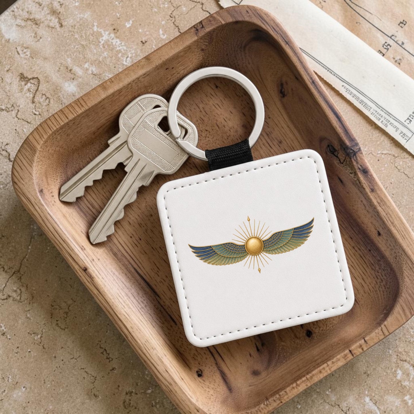 The Winged Sun Keychain | Egyptian Inspired Keepsake from Mirabilia Boutique—a square white keychain adorned with a gold and blue winged sun design from the Lapis & Lotus Collection—rests in a wooden dish beside two silver keys, making it an elegant accessory to elevate your daily essentials.