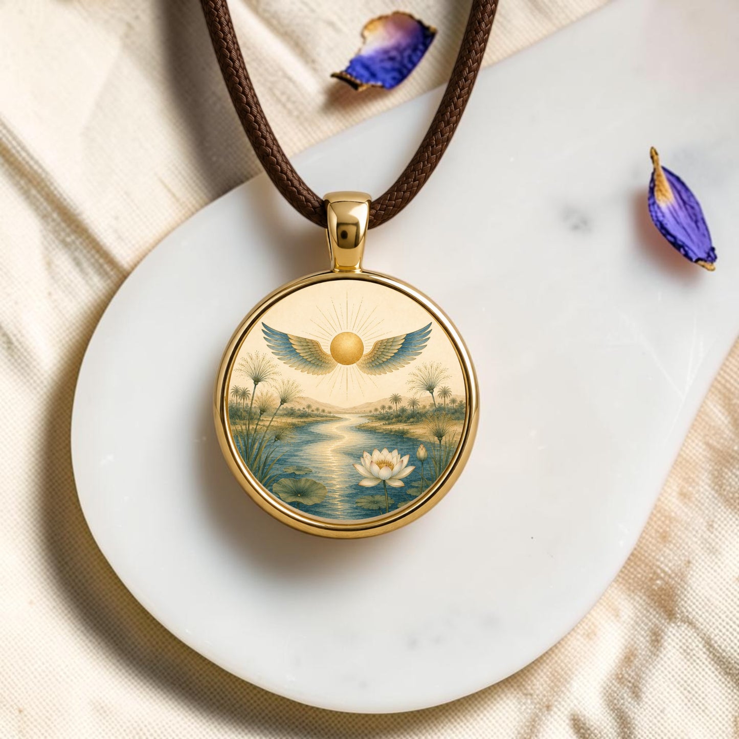 Discover the Guidance | Story Pendant Necklace from Mirabilia Boutique’s Lapis & Lotus Collection, adorned with a sun, vibrant blue wings, flowing river, and a white lotus. This unique Story Pendant rests on a brown cord atop a white stone slab, accented by delicate purple flower petals scattered on a soft fabric background—infusing this piece of lotus jewelry with serene elegance.