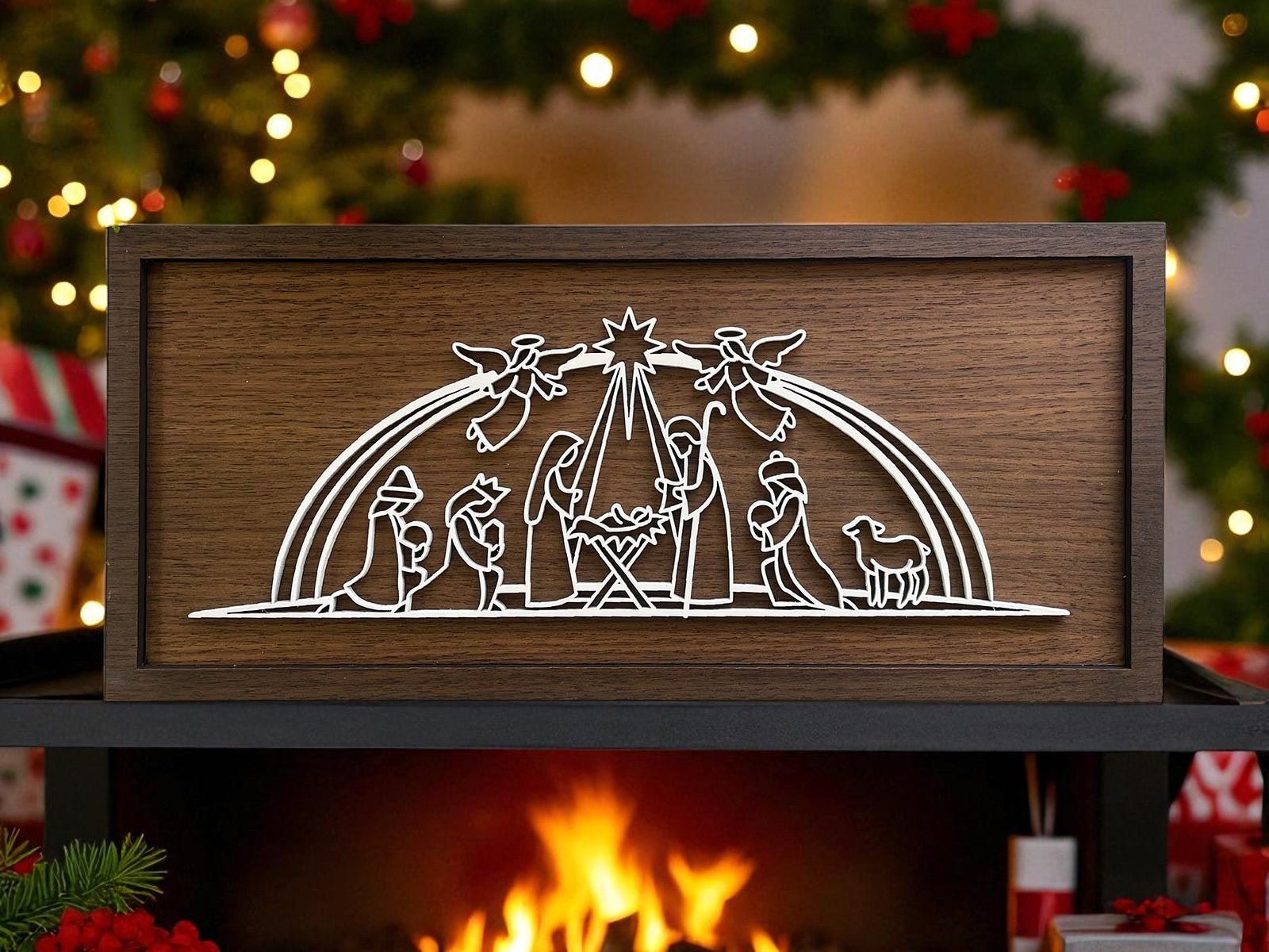 The Large Nativity Scene Sign by Mirabilia Boutique is an 18x8 handmade, laser-cut Christmas decor featuring white outlines of Mary, Joseph, baby Jesus, angels, shepherds, and a sheep—perfect for displaying on your mantel.