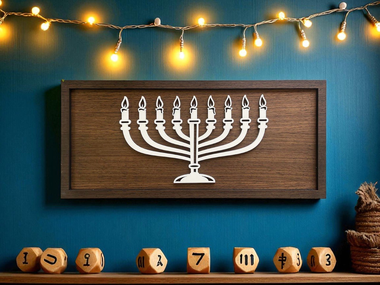 The 18x8 Modern Menorah Sign by Mirabilia Boutique hangs on a blue wall with string lights above. Wooden dreidels with Hebrew letters sit below, making for chic, minimalist Hanukkah decor.