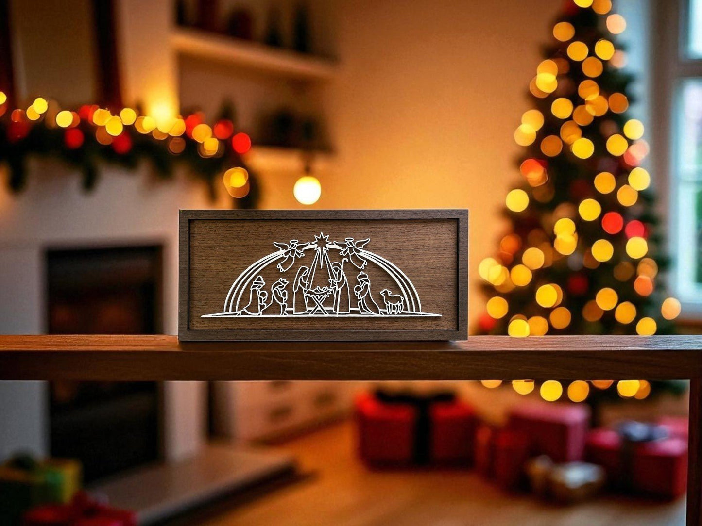 The Mirabilia Boutique Laser Cut Nativity Sign, a handmade 9x4 Christmas decor piece, adds a festive touch to your shelf with its elegant wooden design—perfect for cozy living rooms during the holidays.