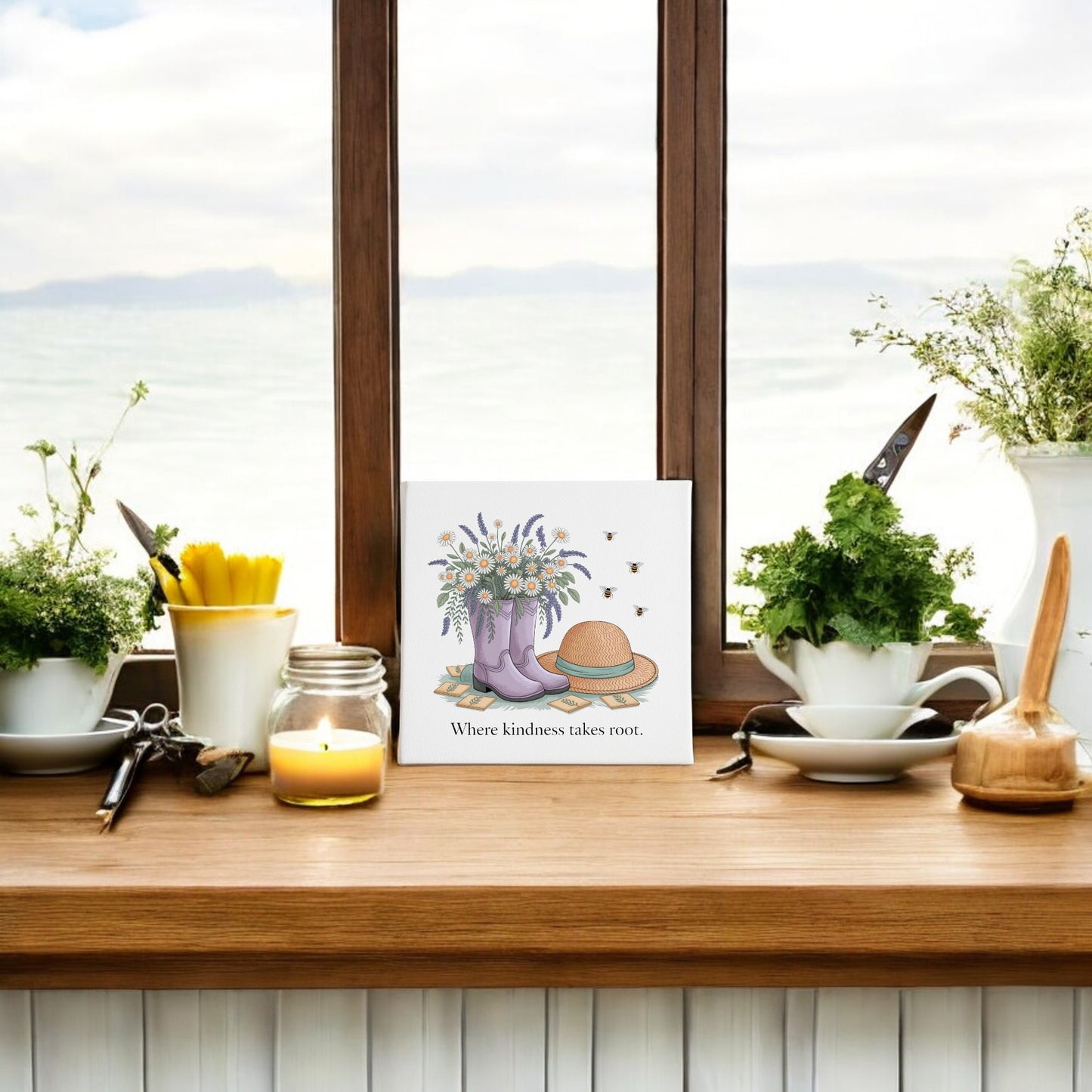 The Kindness Takes Root Canvas by Mirabilia Boutique features potted herbs, gardening tools, and a card with purple boots and flowers, bringing garden inspiration and kindness to your decor—perfect for spring with scenic water and mountain views.