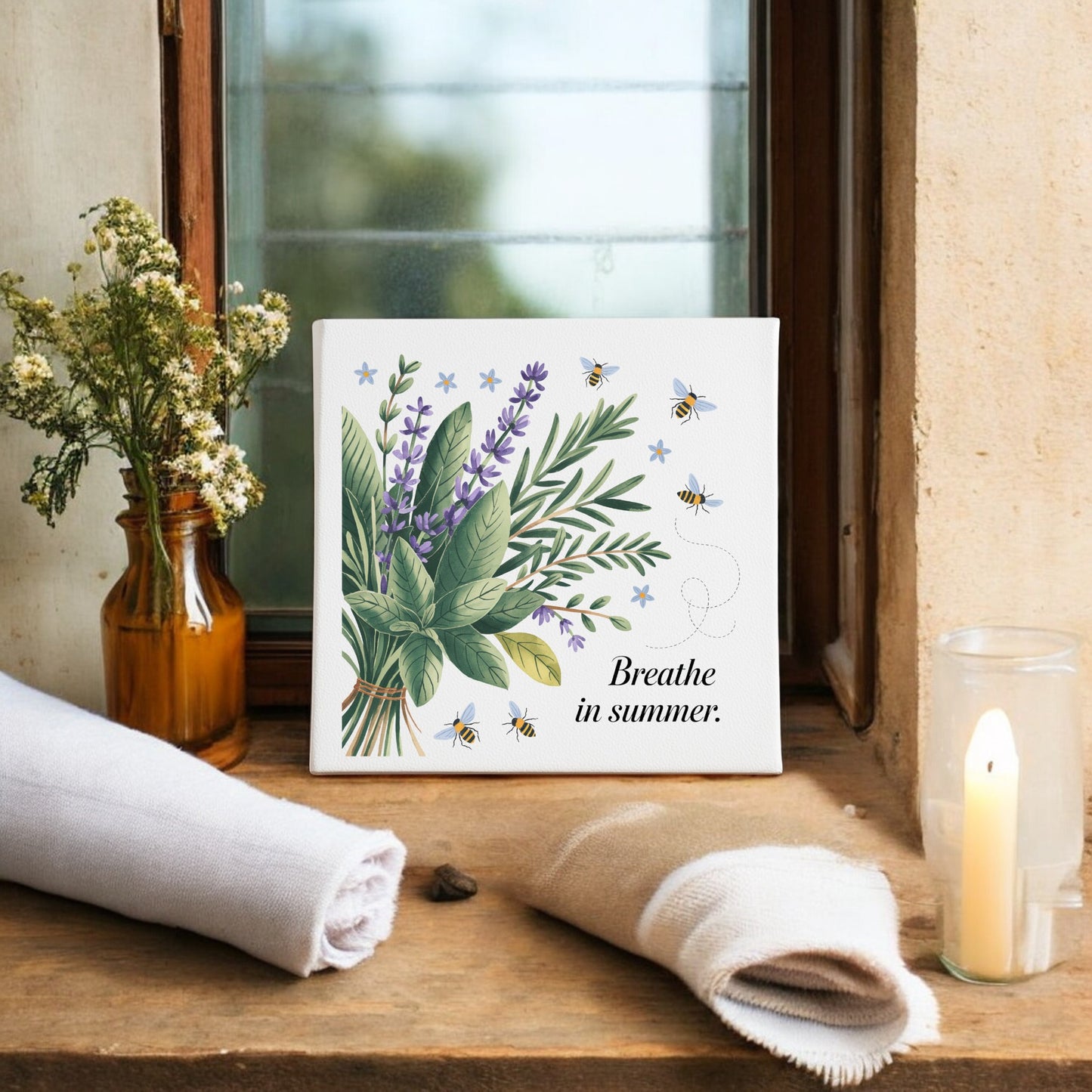 The "Breathe in Summer Canvas – Botanical Calm & Gentle Bees" by Mirabilia Boutique features illustrated bees and herbs, making it perfect for adding a touch of nature and tranquility to your wall decor.
