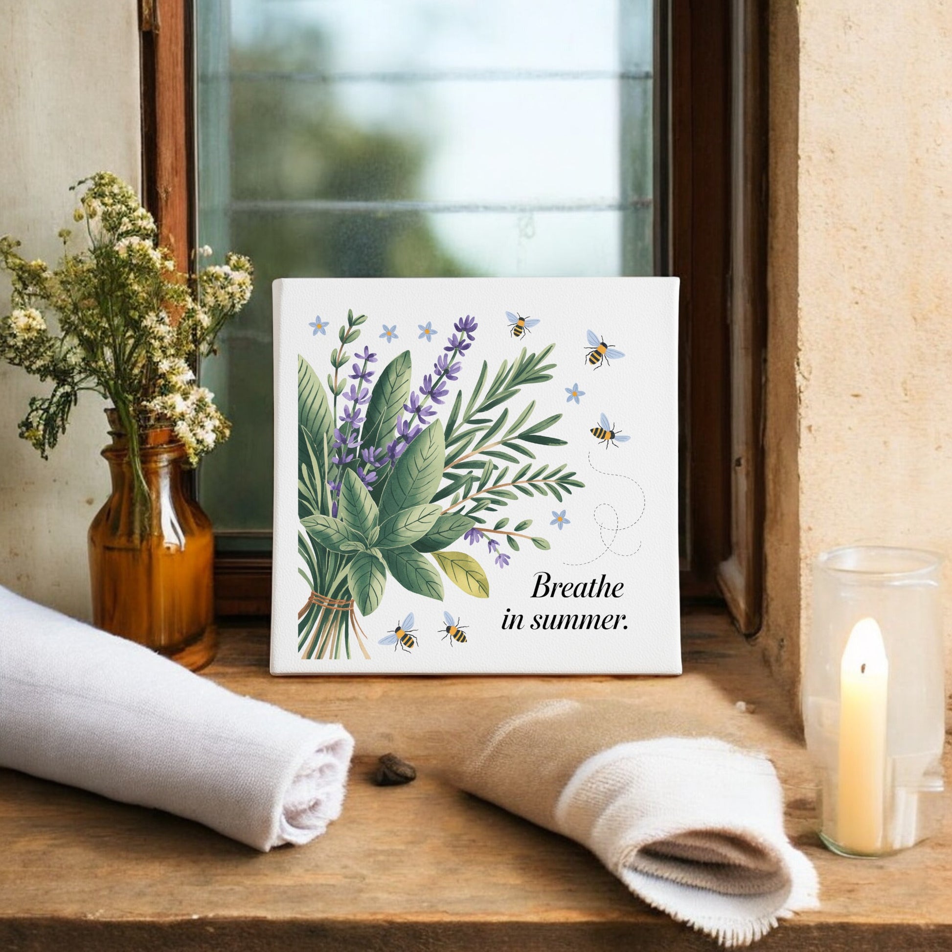 The "Breathe in Summer Canvas – Botanical Calm & Gentle Bees" by Mirabilia Boutique features illustrated bees and herbs, making it perfect for adding a touch of nature and tranquility to your wall decor.
