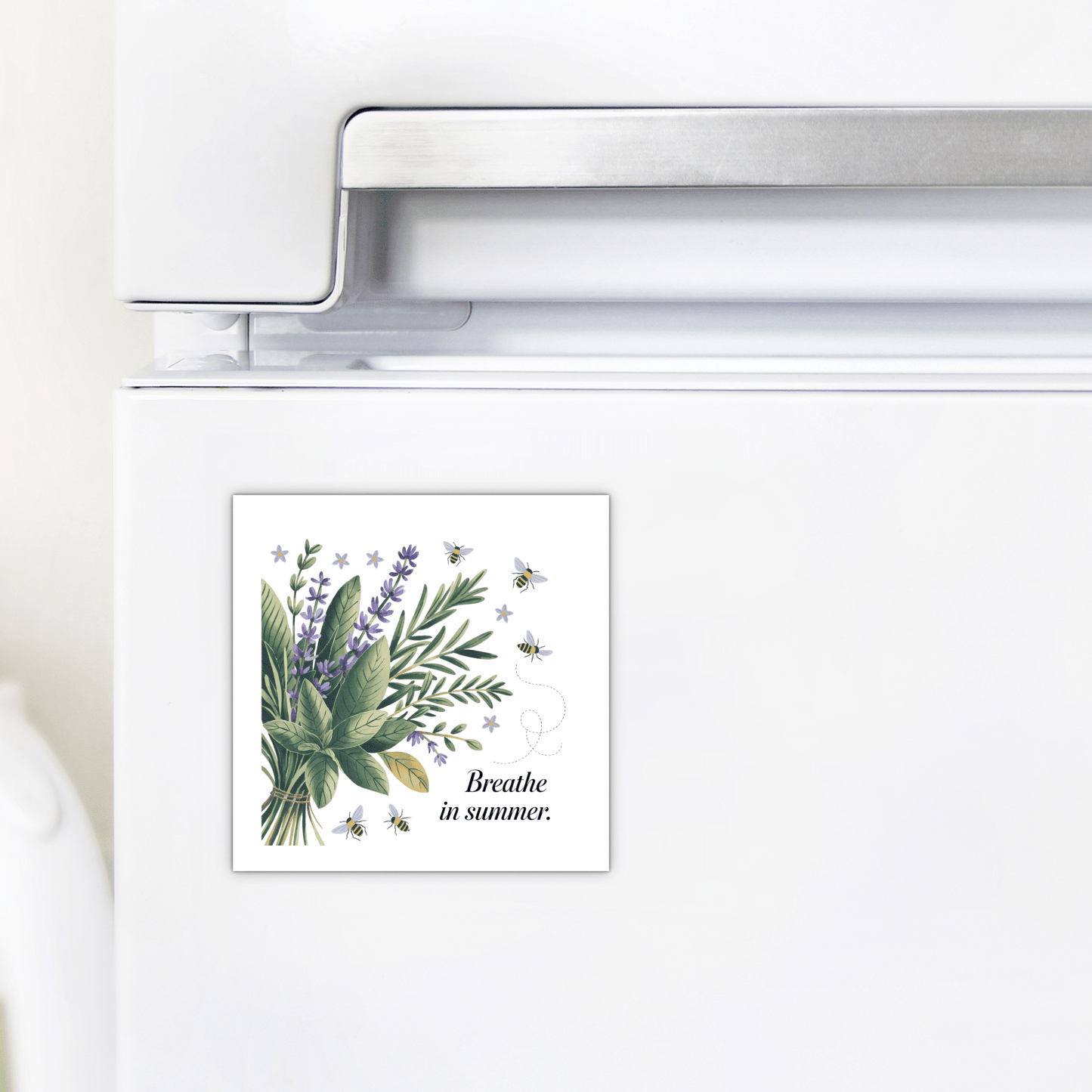 Add a touch of nature to your fridge with the “Breathe in Summer Magnet – Botanical Calm & Gentle Bees” from Mirabilia Boutique, featuring herbs, bees, and uplifting text—a charming gift.