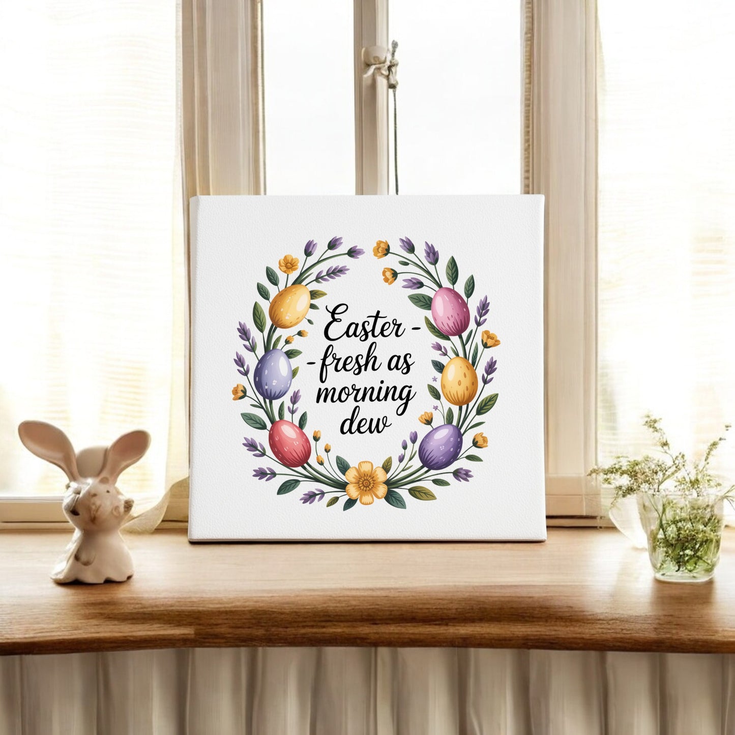The Easter Morning Dew Floral Egg Canvas Art by Mirabilia Boutique features a colorful egg and floral wreath with the phrase "Easter fresh as morning dew." It's displayed on a windowsill with spring decor—a ceramic bunny and flower vase.