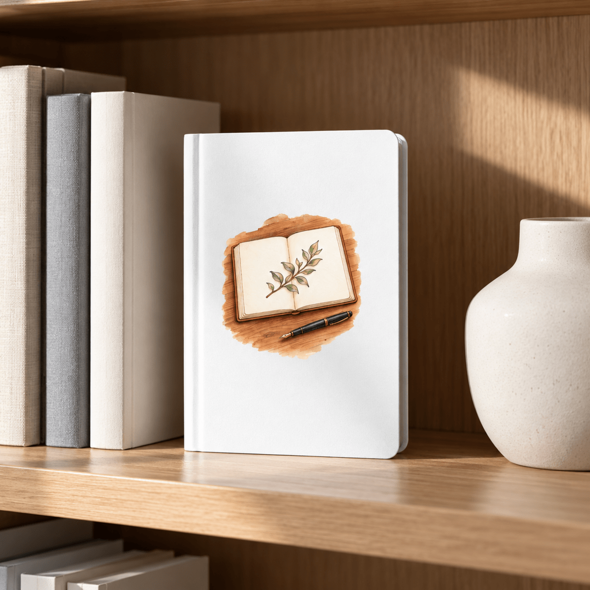 A Living Page Botanical A5 Journal | Cedar & Ink, a white lined journal featuring a watercolor illustration of an open book, a leafy branch, and a fountain pen on a wooden shelf among other books and a vase.