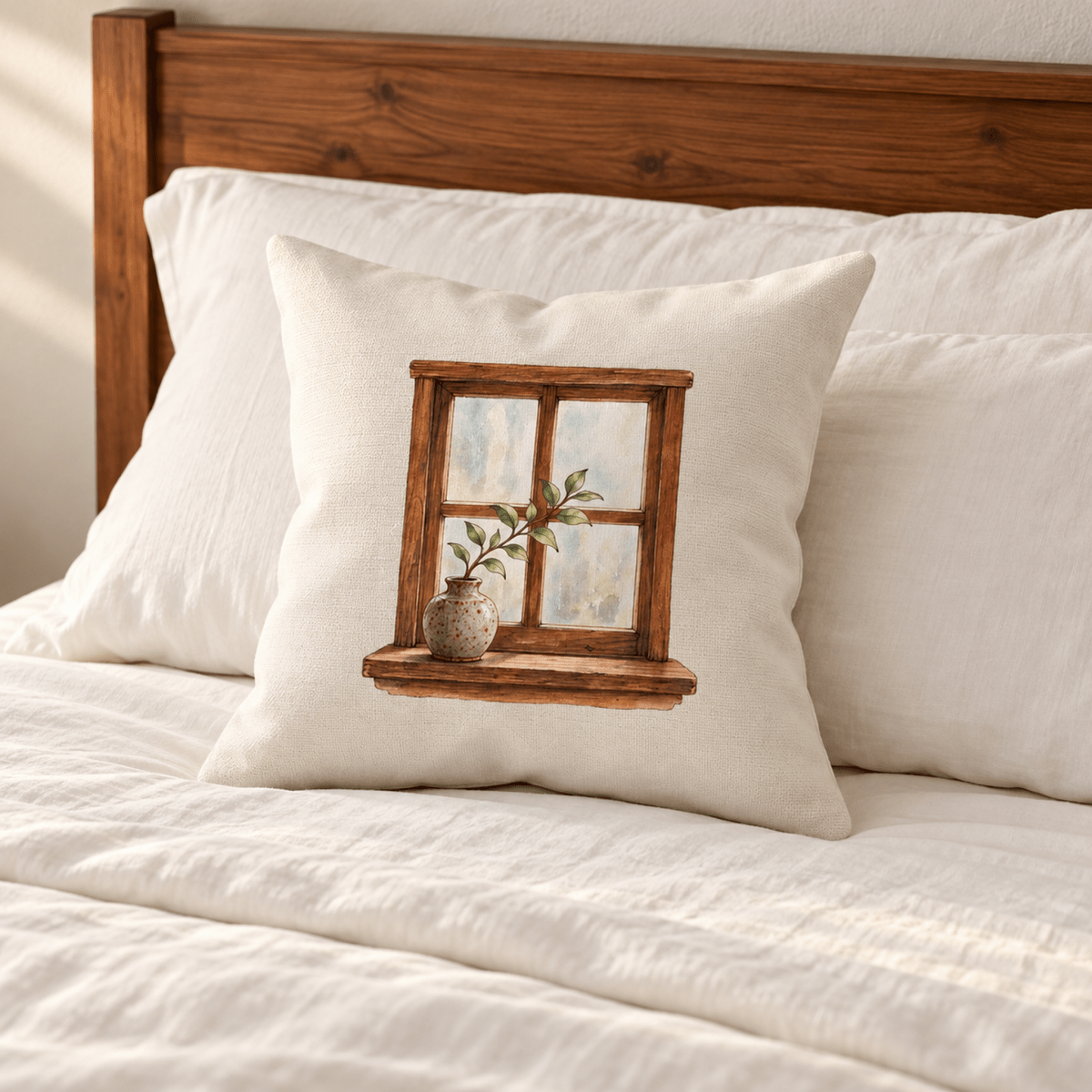A square Leaf at the Window Decorative Pillow from Mirabilia Boutique featuring a watercolor illustration of a window with a small vase and a green leafy branch on the sill.