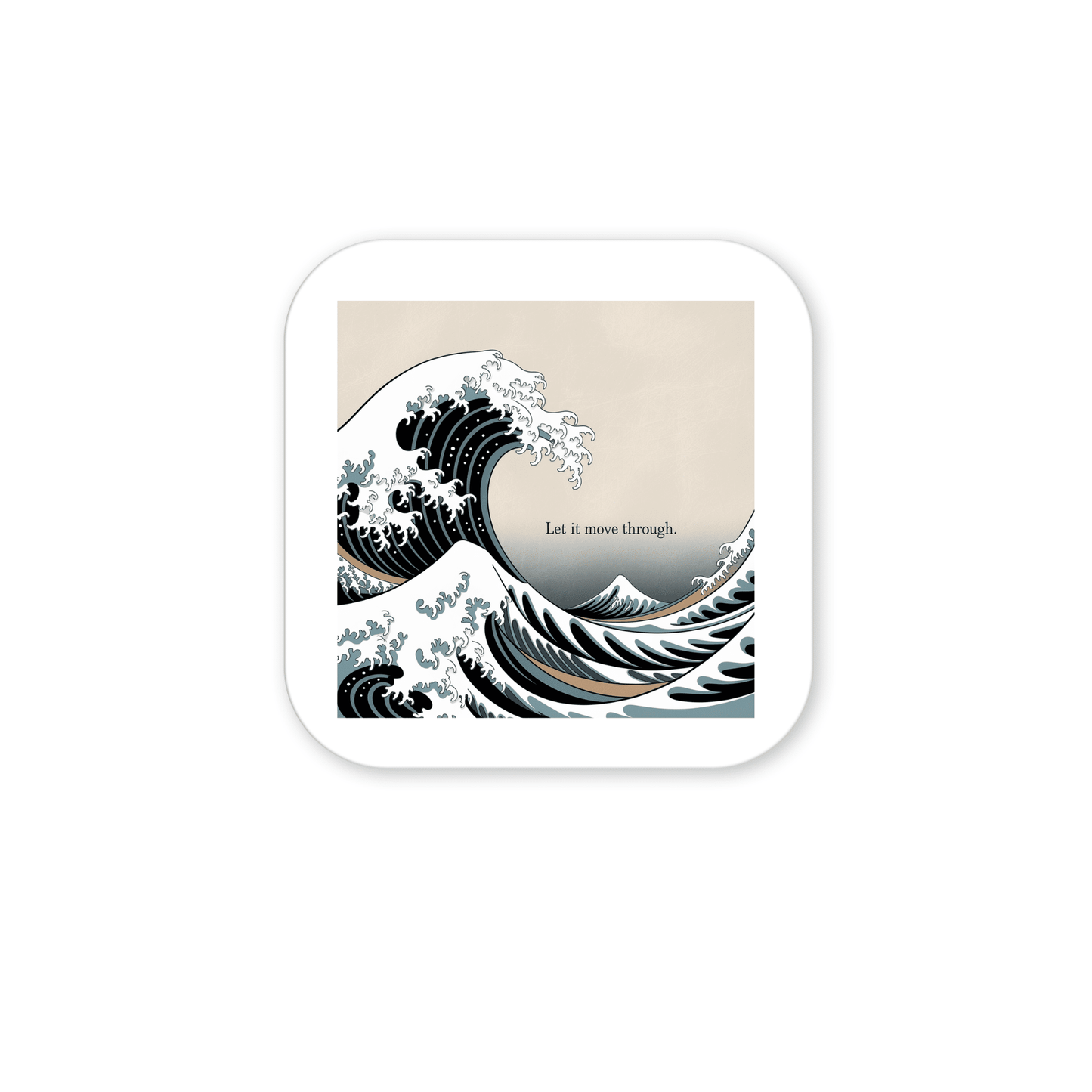 The Let It Move Through Magnet – Storm & Stillness Quote by Mirabilia Boutique features a Japanese-inspired wave, a small mountain under a pale sky, and the phrase "Let it move through." at the center.