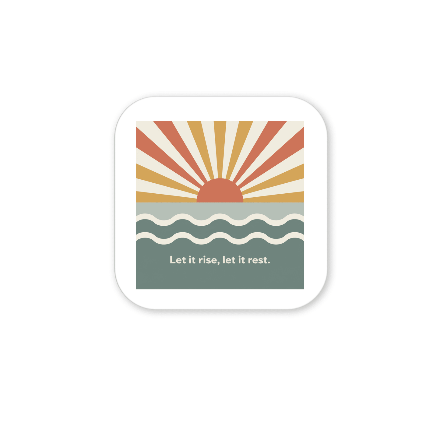 The Let It Rise, Let It Rest Magnet – Sunrise Affirmation by Mirabilia Boutique features a stylized sun over wavy water with orange and yellow rays, and the phrase "Let it rise, let it rest" on a white background.