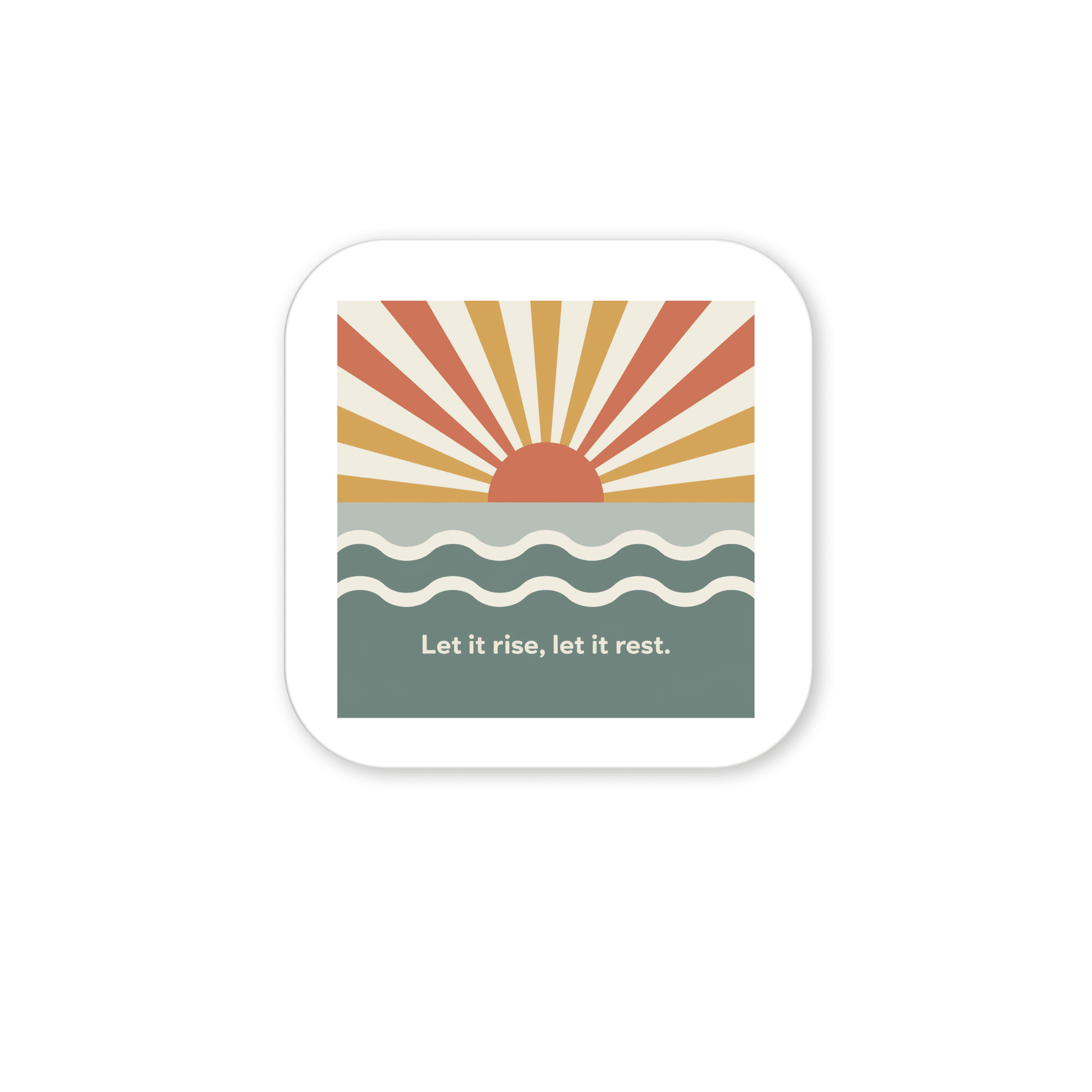 The Let It Rise, Let It Rest Magnet – Sunrise Affirmation by Mirabilia Boutique features a stylized sun over wavy water with orange and yellow rays, and the phrase "Let it rise, let it rest" on a white background.