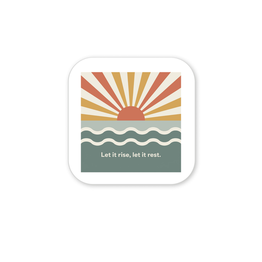 The Let It Rise, Let It Rest Magnet – Sunrise Affirmation by Mirabilia Boutique features a stylized sun over wavy water with orange and yellow rays, and the phrase "Let it rise, let it rest" on a white background.