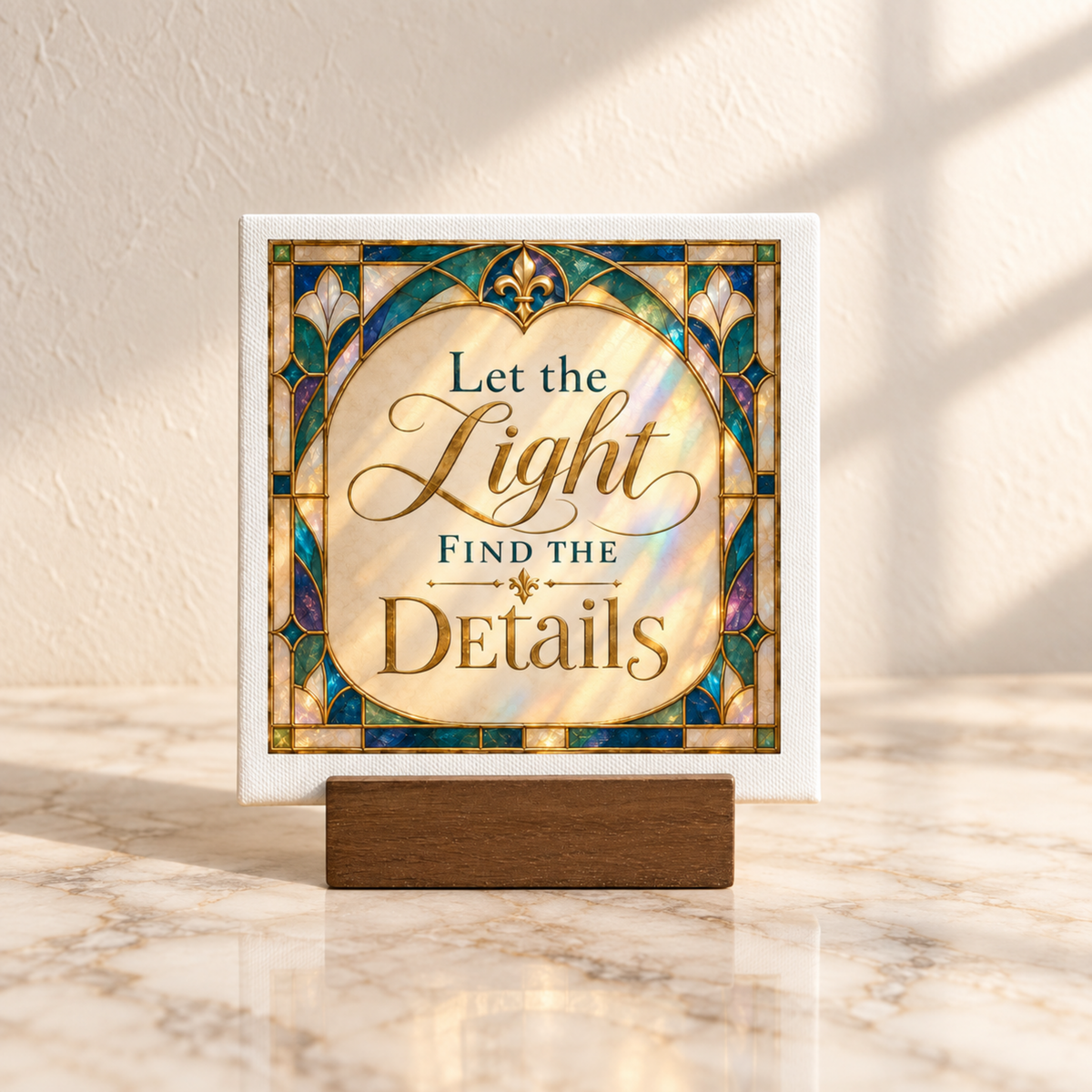 The Let the Light Find the Details Mini Sign by Mirabilia Boutique features an art nouveau stained glass design and sits on a wooden stand placed on a marble surface, set against a light-colored textured wall.