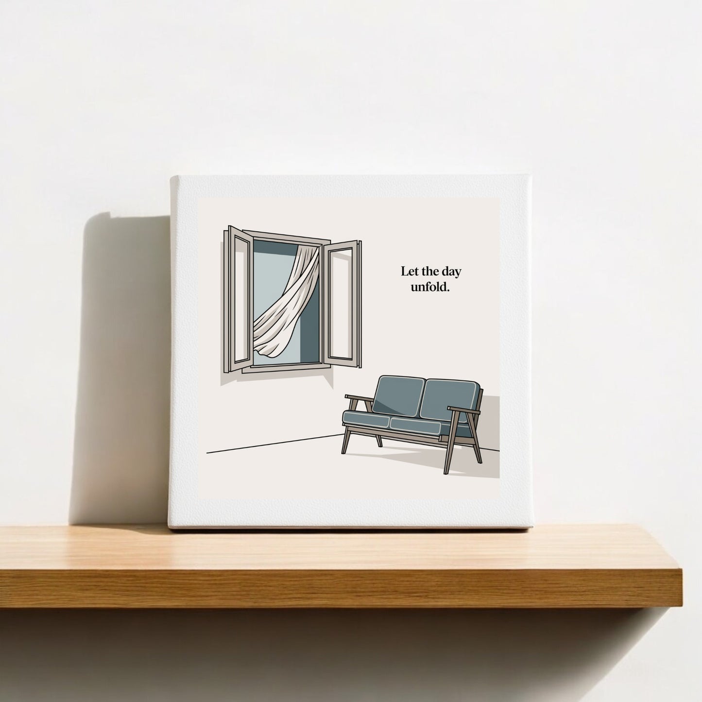 The Let the Day Unfold Canvas – Serene Slow Morning Art by Mirabilia Boutique features an open window with flowing curtains and a blue bench, plus the phrase "Let the day unfold." Perfect for slow-living decor.