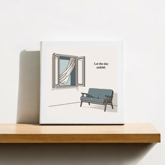 The Let the Day Unfold Canvas – Serene Slow Morning Art by Mirabilia Boutique features an open window with flowing curtains and a blue bench, plus the phrase "Let the day unfold." Perfect for slow-living decor.
