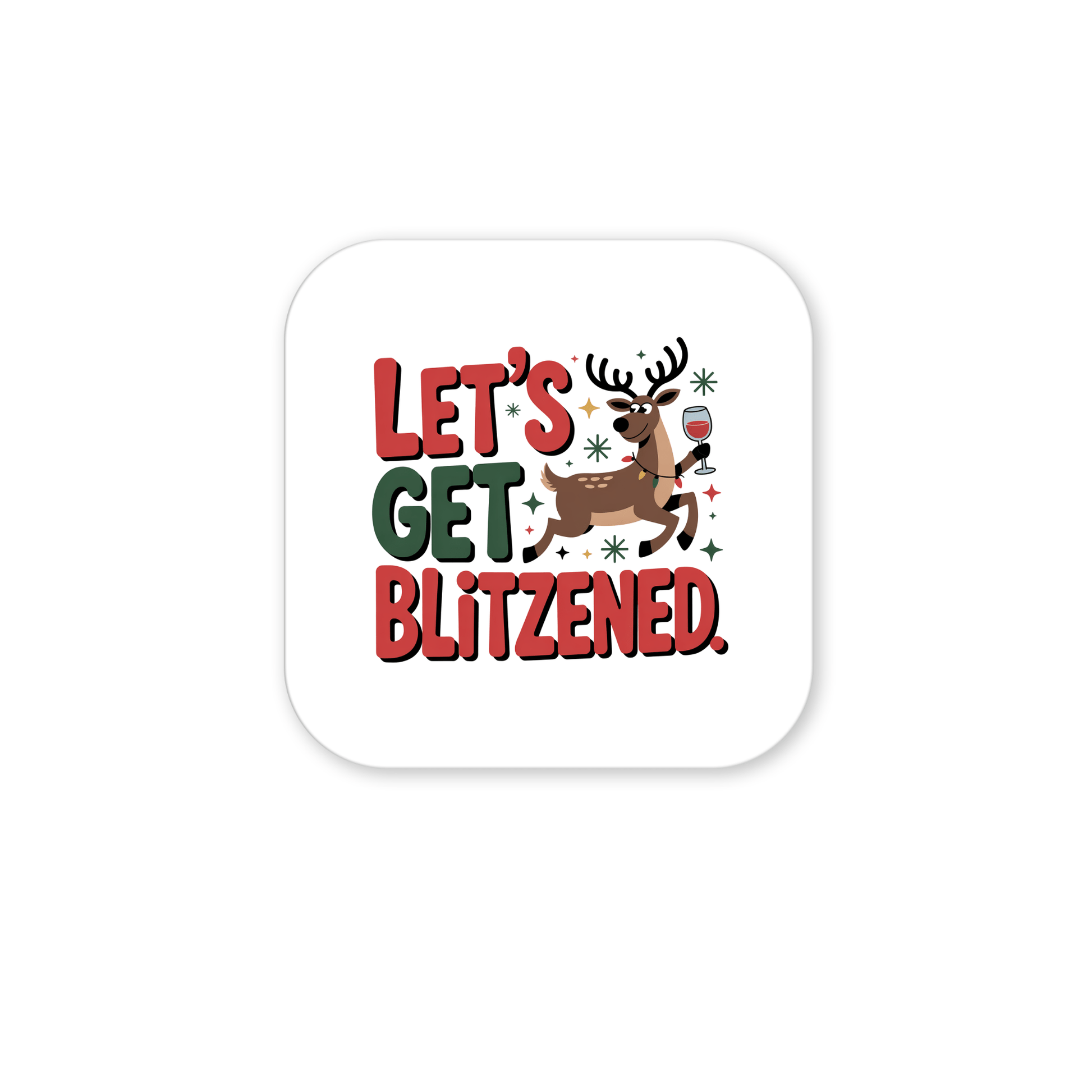 Add holiday cheer to your kitchen with Mirabilia Boutique's "Let's Get Blitzened" Magnet—featuring red and green text, a cartoon reindeer with a wine glass, and festive snowflakes. A perfect funny Christmas fridge decor or gift for wine lovers!.