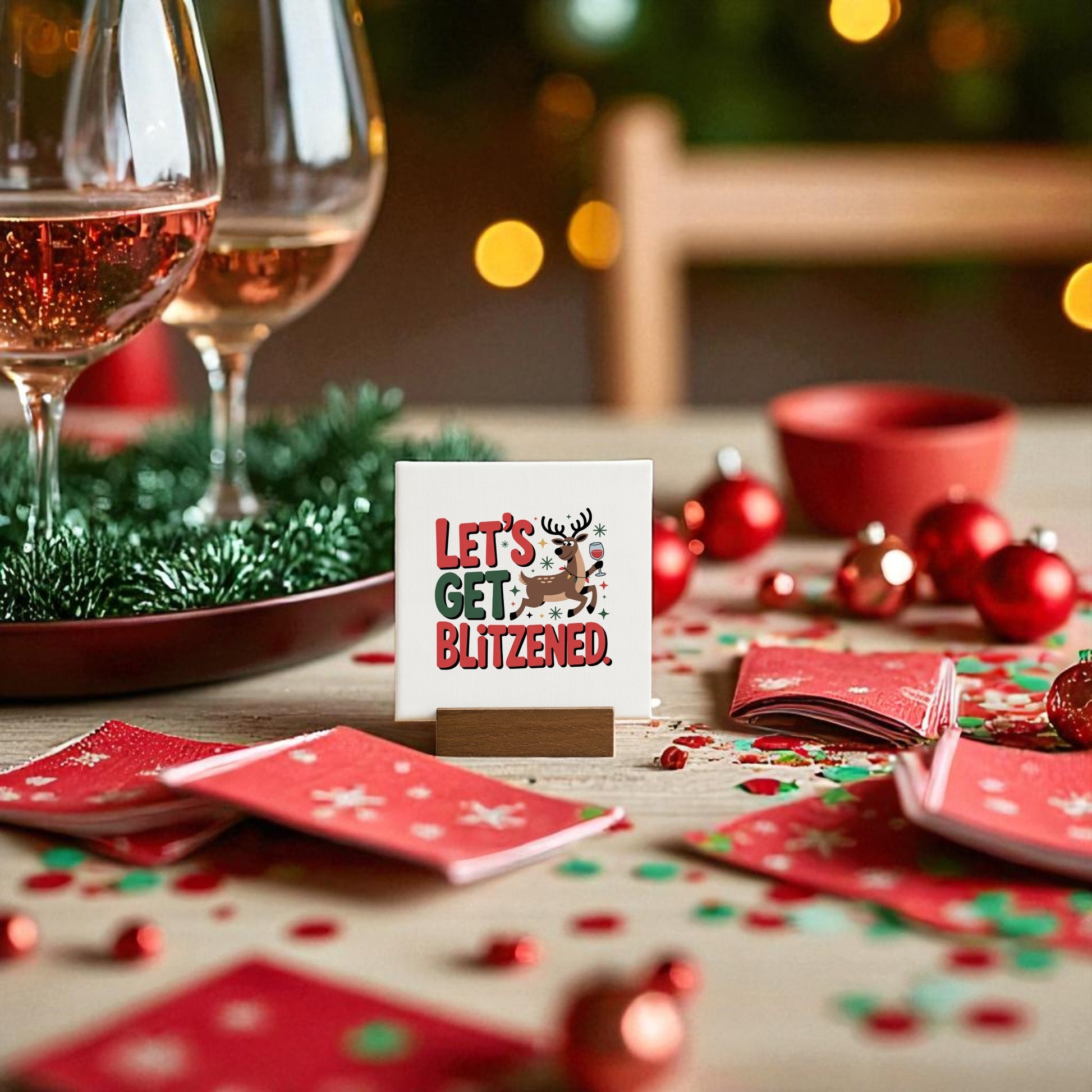 A festive table featuring Mirabilia Boutique’s "Let’s Get Blitzened" Mini Christmas Sign with a cartoon reindeer, red holiday cards, confetti, two rosé glasses, and sparkling holiday decor under blurry Christmas lights.