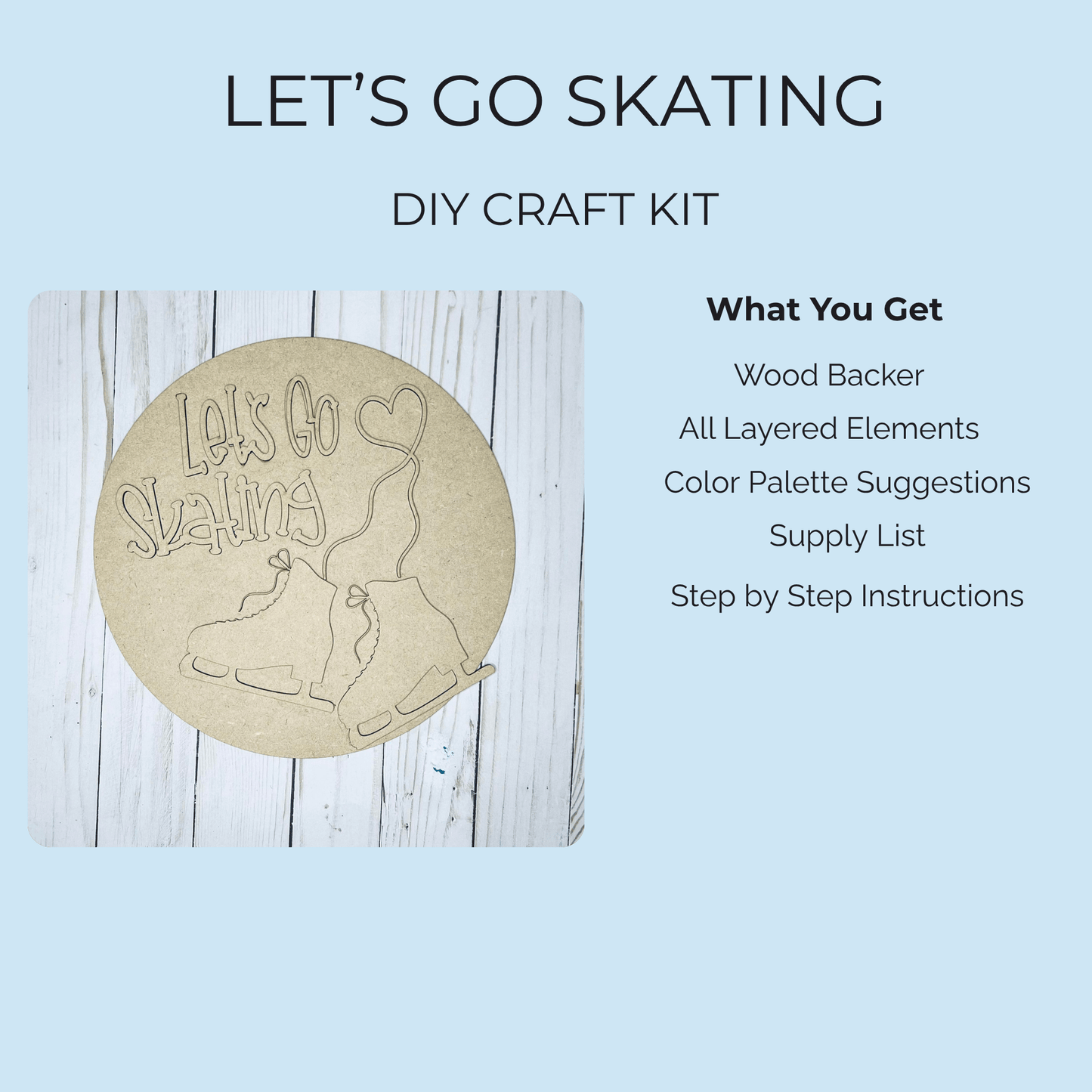 The Let’s Go Skating DIY Paint Kit by Mirabilia Boutique is a winter wood sign craft featuring ice skates, a wood backer, paint color suggestions, supply list, and step-by-step instructions—perfect for seasonal decor.