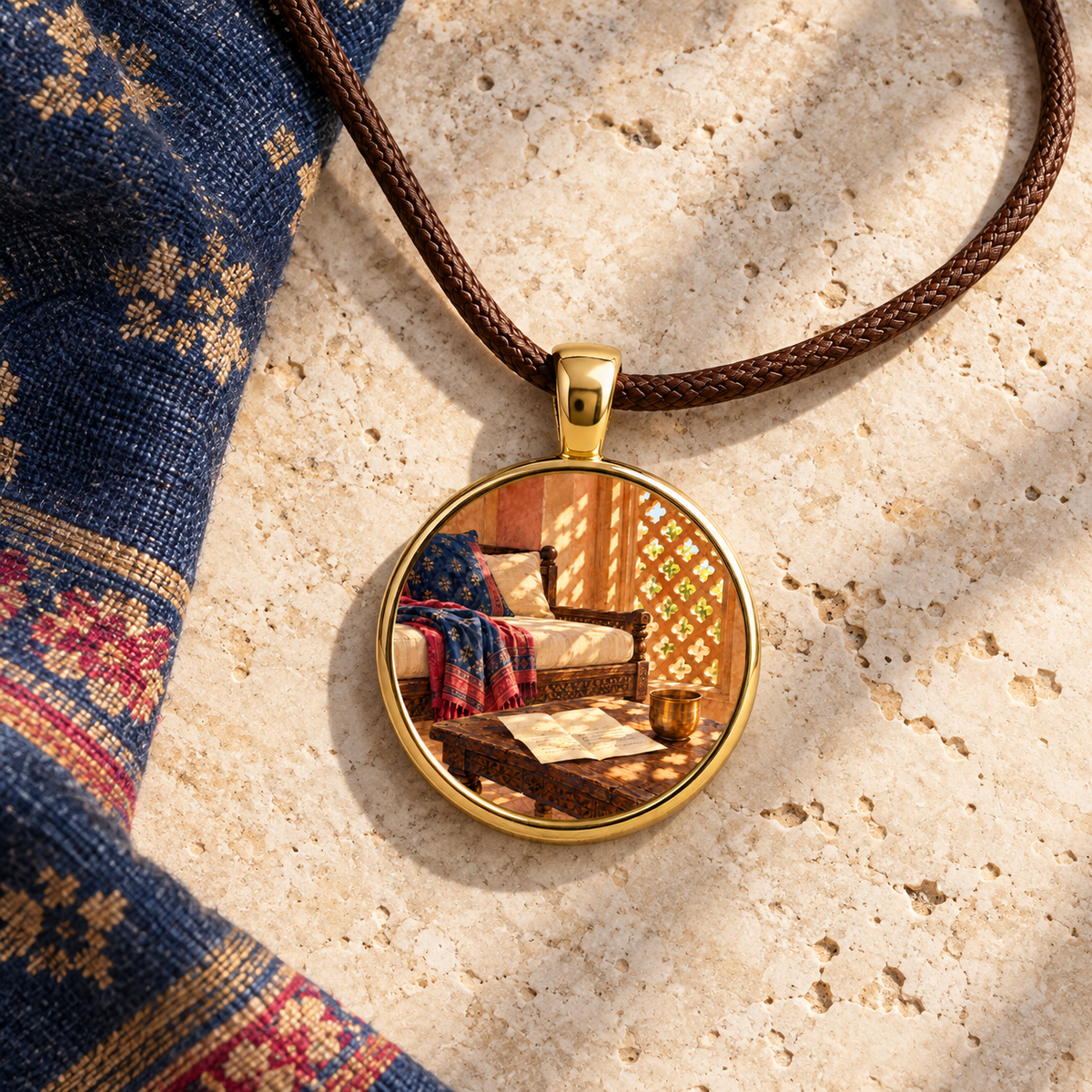 A Letter Waiting | Story Pendant Necklace featuring a gold glass cabochon pendant on a braided brown cord, with an illustration of a sunlit room containing a couch, a patterned throw, and a letter on a table.