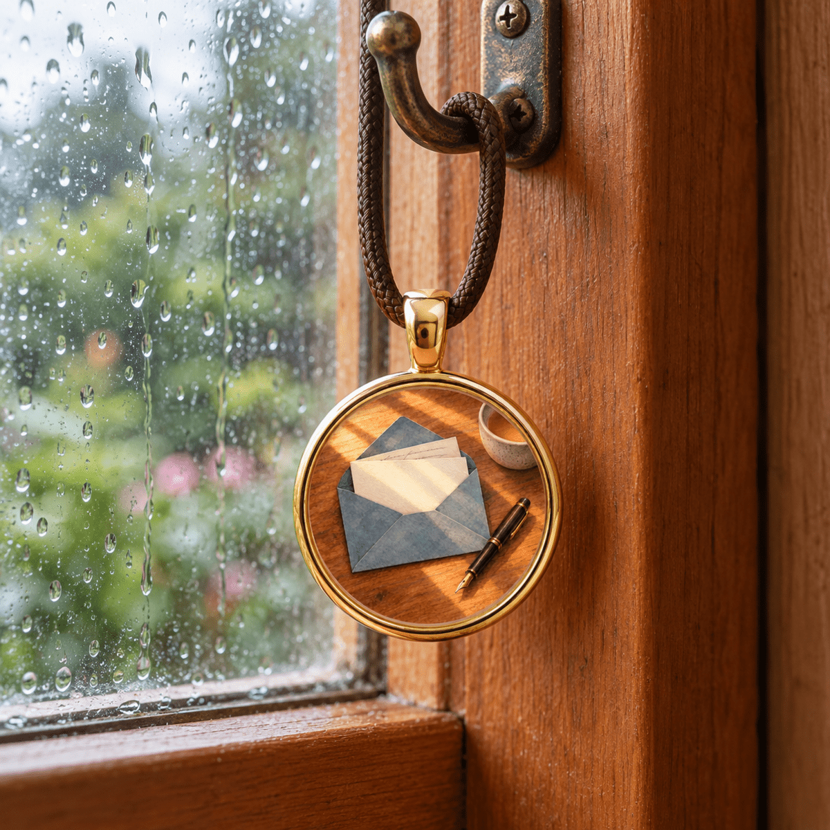 A round gold Note to a Dear Friend | Story Pendant Necklace on a brown cord hangs from a window hook, showcasing miniature artwork of an open envelope, a letter, and a fountain pen on a wooden desk.