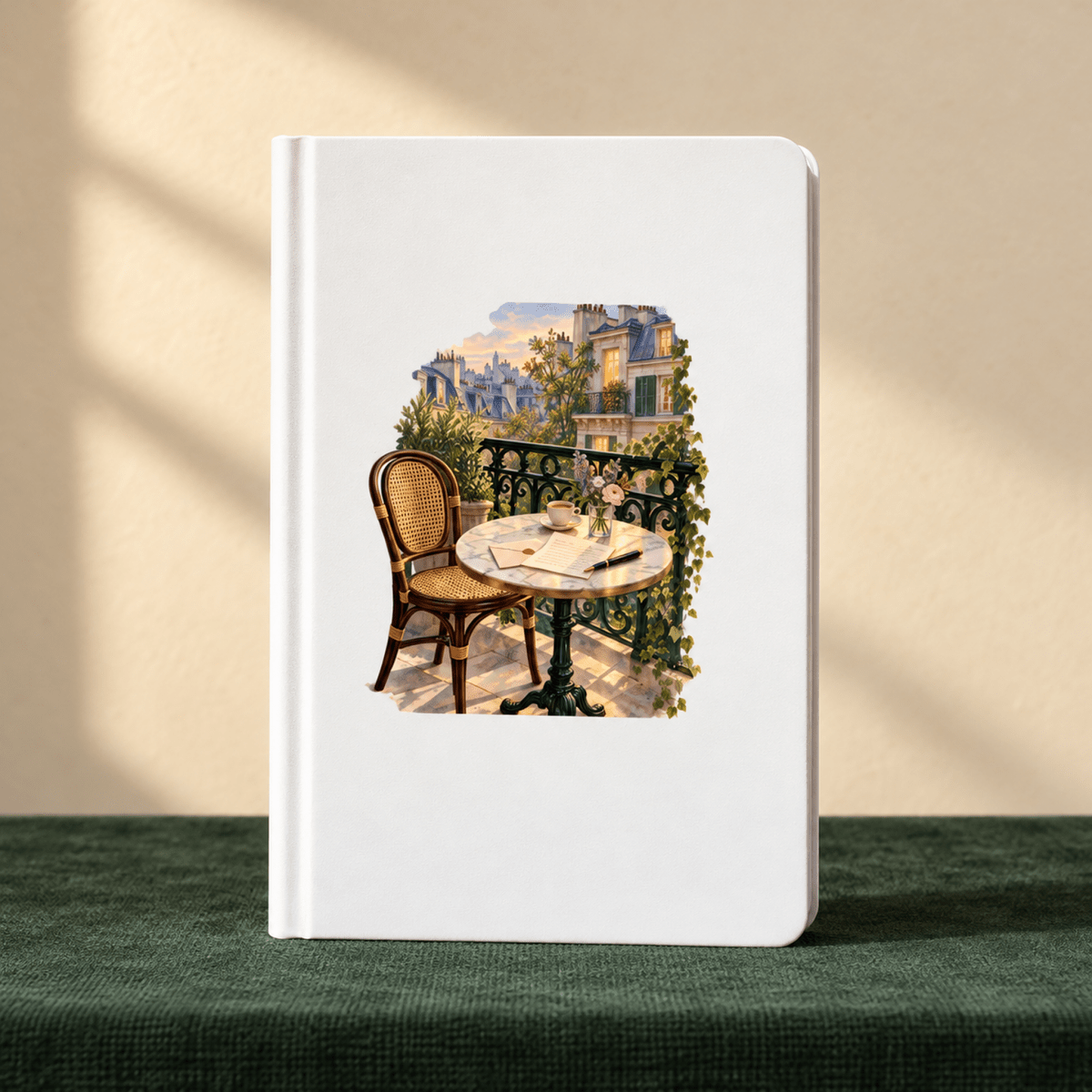 White Letters from Paris A5 Journal featuring an illustration of a Parisian balcony with a small round table, a bistro chair, and an open book.