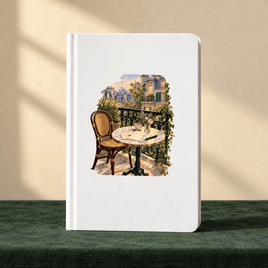 White Letters from Paris A5 Journal featuring an illustration of a Parisian balcony with a small round table, a bistro chair, and an open book.