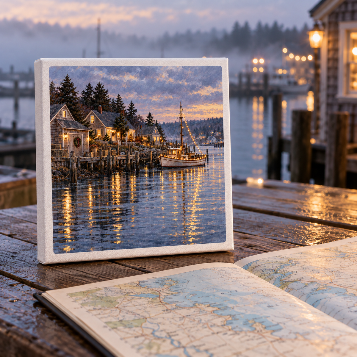 A gallery-wrapped Christmas Along the Harbor Canvas | Salt & Story print of a harbor at sunset, featuring decorated cottages and a fishing boat, displayed on a wooden dock next to an open map.