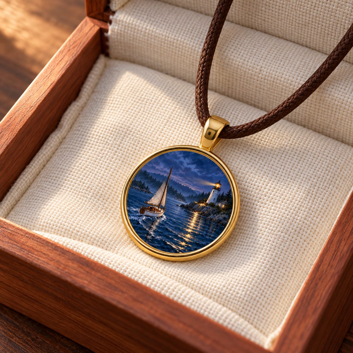 The Light Kept Burning | Story Pendant Necklace features a gold coastal illustration of a sailboat near a lighthouse at dusk on a brown cord, resting inside an open wooden box.