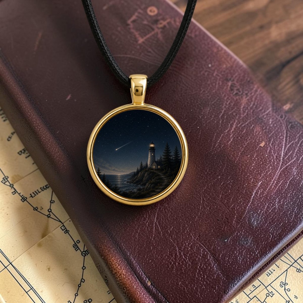 The Guiding Star | Story Pendant Necklace by Mirabilia Boutique is a gold lighthouse pendant capturing a nighttime scene with trees and a shooting star, displayed resting on a brown leather book atop a map.