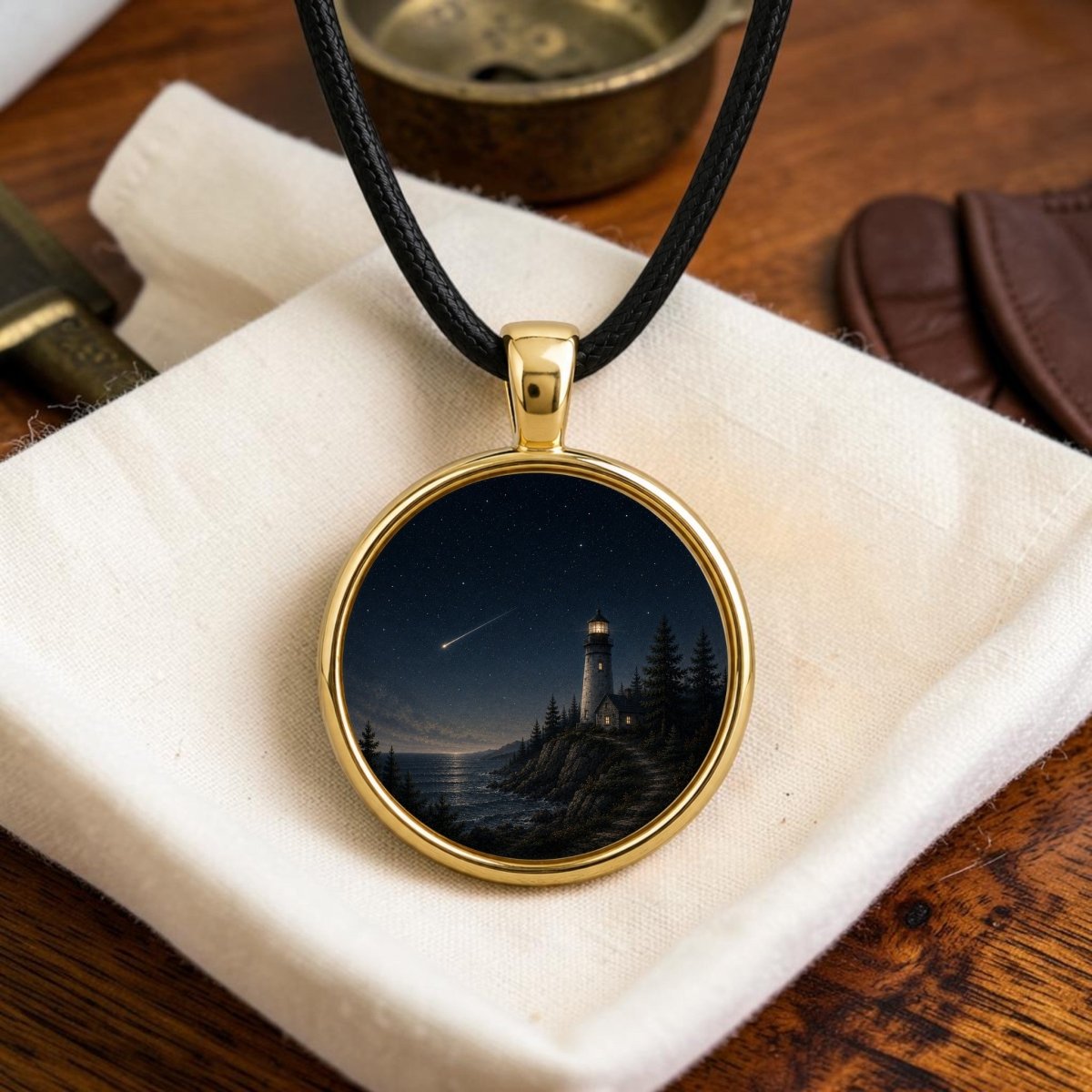 The Guiding Star | Story Pendant Necklace by Mirabilia Boutique features a gold round charm intricately depicting a lighthouse, trees, ocean waves, and a shooting star beneath a dark night sky. Resting on a white cloth atop a wooden surface, this unique piece of wearable art beautifully captures the magic of the night.