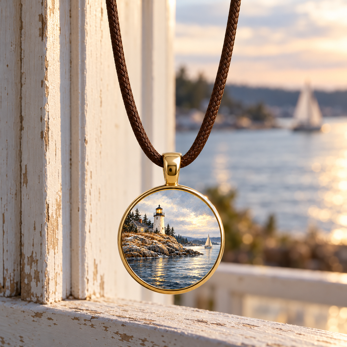 A round gold Harbor Light | Story Pendant necklace on a braided brown cord, featuring a miniature painting of a coastal sunset.