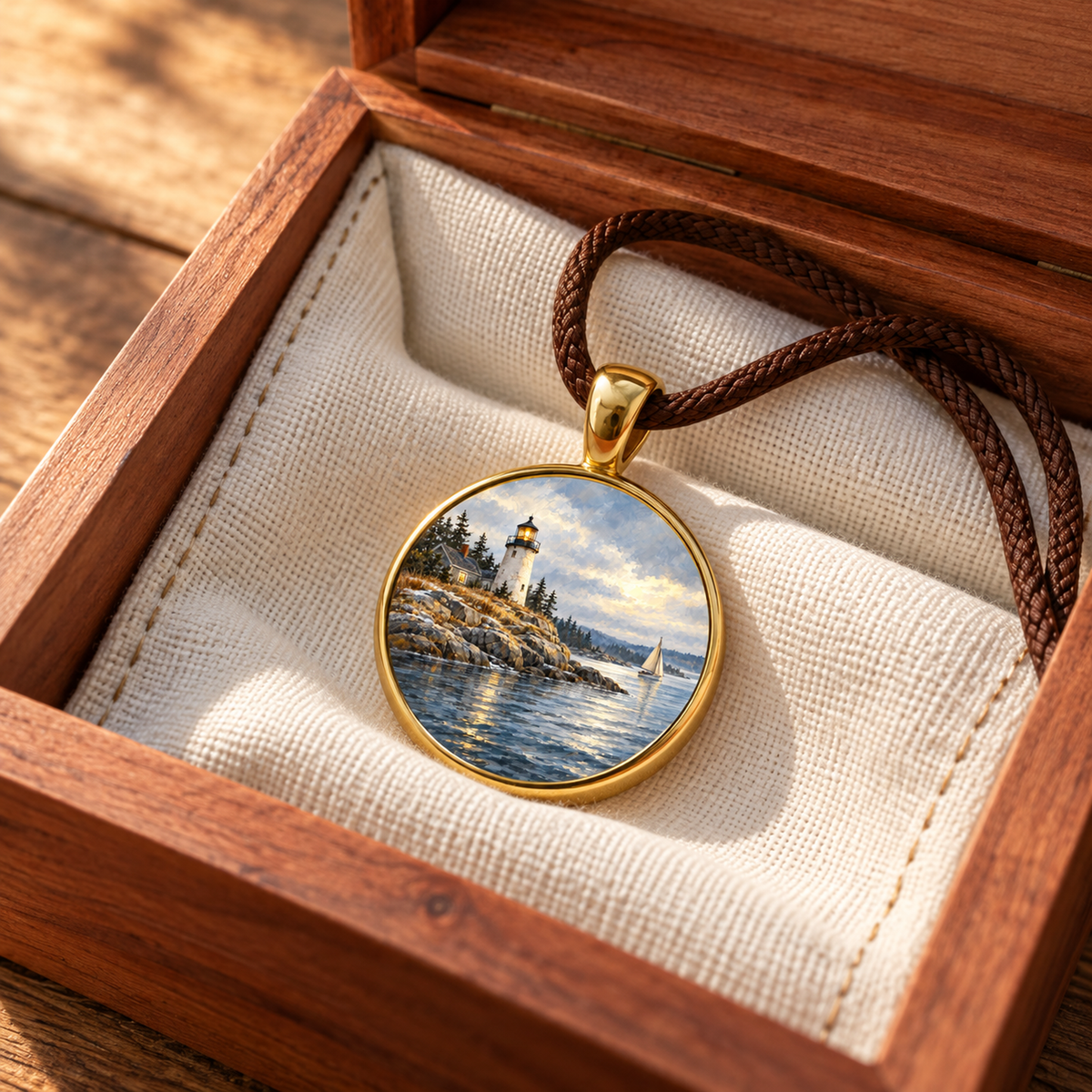 Harbor Light | Story Pendant Necklace featuring a round gold lighthouse pendant with a painting of a sailboat on the water, resting inside a wooden display box.