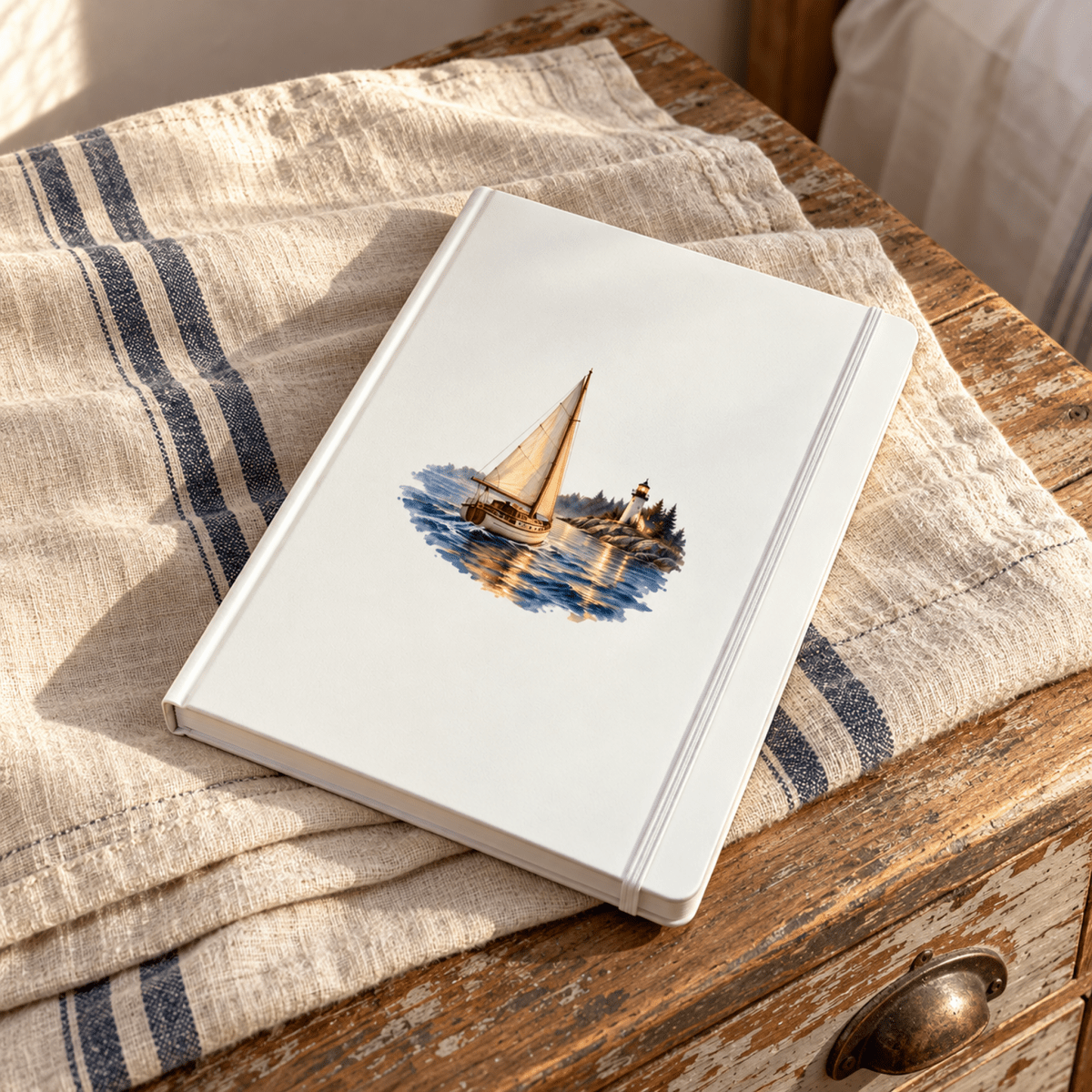 The Long Way Home A5 Journal by Mirabilia Boutique, featuring a white cover with a watercolor illustration of a sailboat near a lighthouse, resting on a striped cloth.