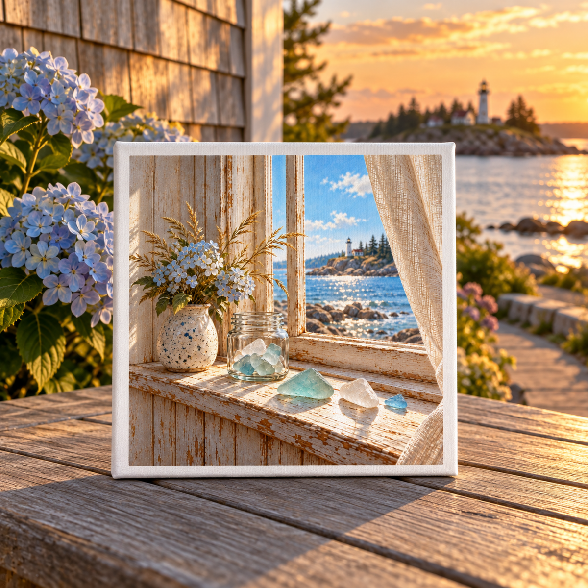 The Windowsill Collection Canvas | Sea Glass sits on a wooden table, depicting a window view of a lighthouse and ocean, complete with a vase of flowers and sea glass on the windowsill.