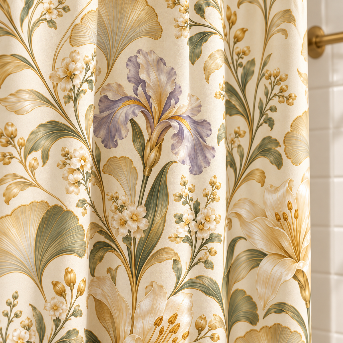 The Golden Conservatory Shower Curtain by Mirabilia Boutique features a repeating print of purple irises, white lilies, and green ginkgo leaves on a cream background.