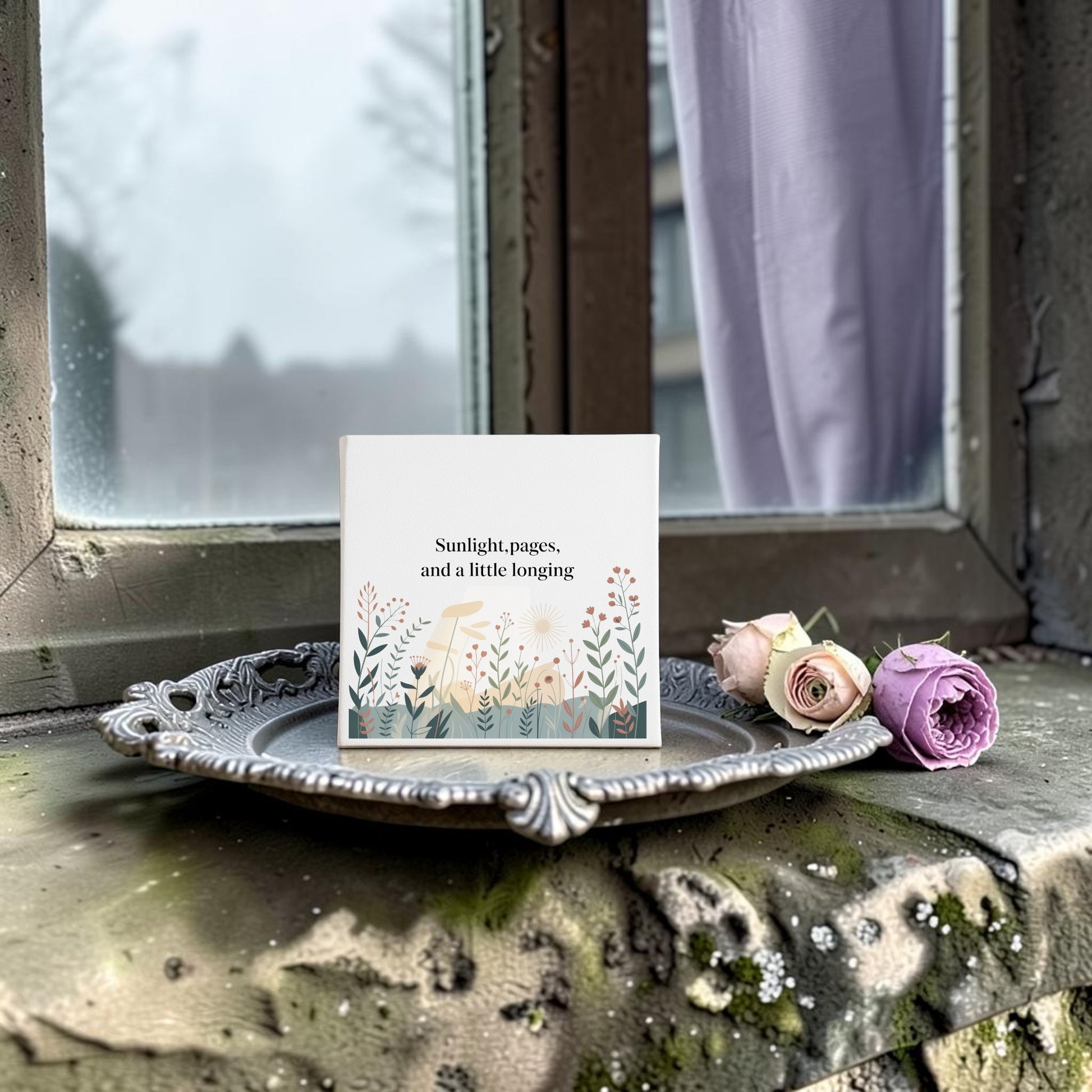 The "Sunlight, Pages and a Little Longing Canvas" by Mirabilia Boutique rests on an ornate silver tray beside pink roses—blending dreamy literary decor with nature, framed by a mossy windowsill and sheer purple curtain against a blurred outdoor view.