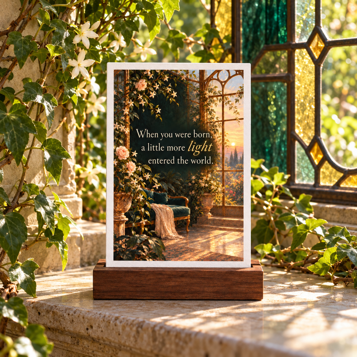A When You Were Born Light Mini Sign | Gilded Reverie displayed in a dark wooden base, featuring botanical birthday decor and a sunset garden scene with the text, “When you were born, a little more light entered the world.”