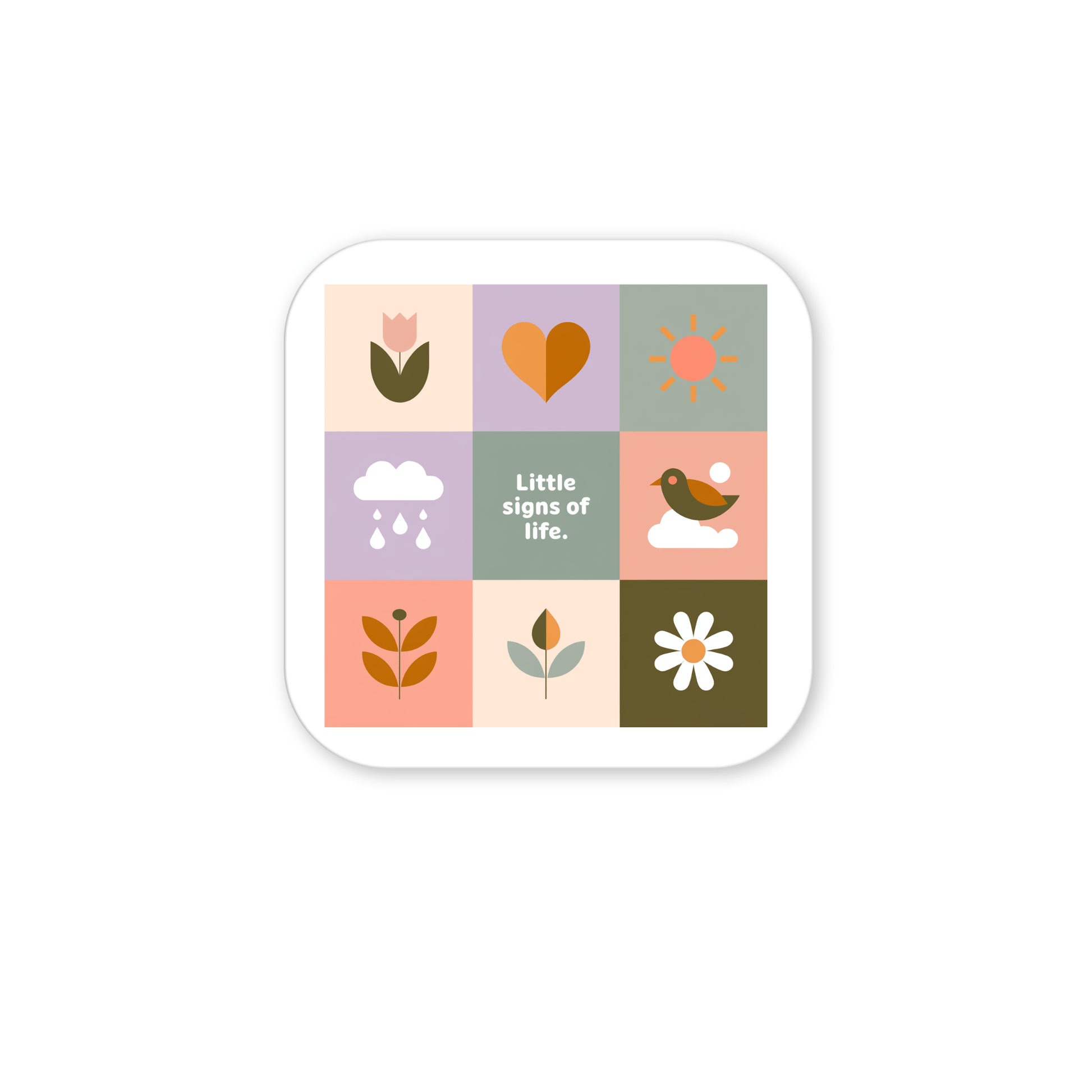 The Little Signs of Life Pastel Grid Magnet by Mirabilia Boutique features nine minimalist icons—tulip, heart, sun, rain cloud, and more—in soft pastel hues on white. This charming decor piece is an inspirational gift for any occasion.