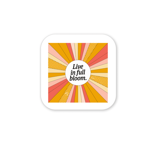 The Live in Full Bloom Magnet – Summer Sunburst Mini Art by Mirabilia Boutique features a vibrant orange, yellow, and pink sunburst with "Live in full bloom." at the center—an inspiring retro-style fridge magnet gift.