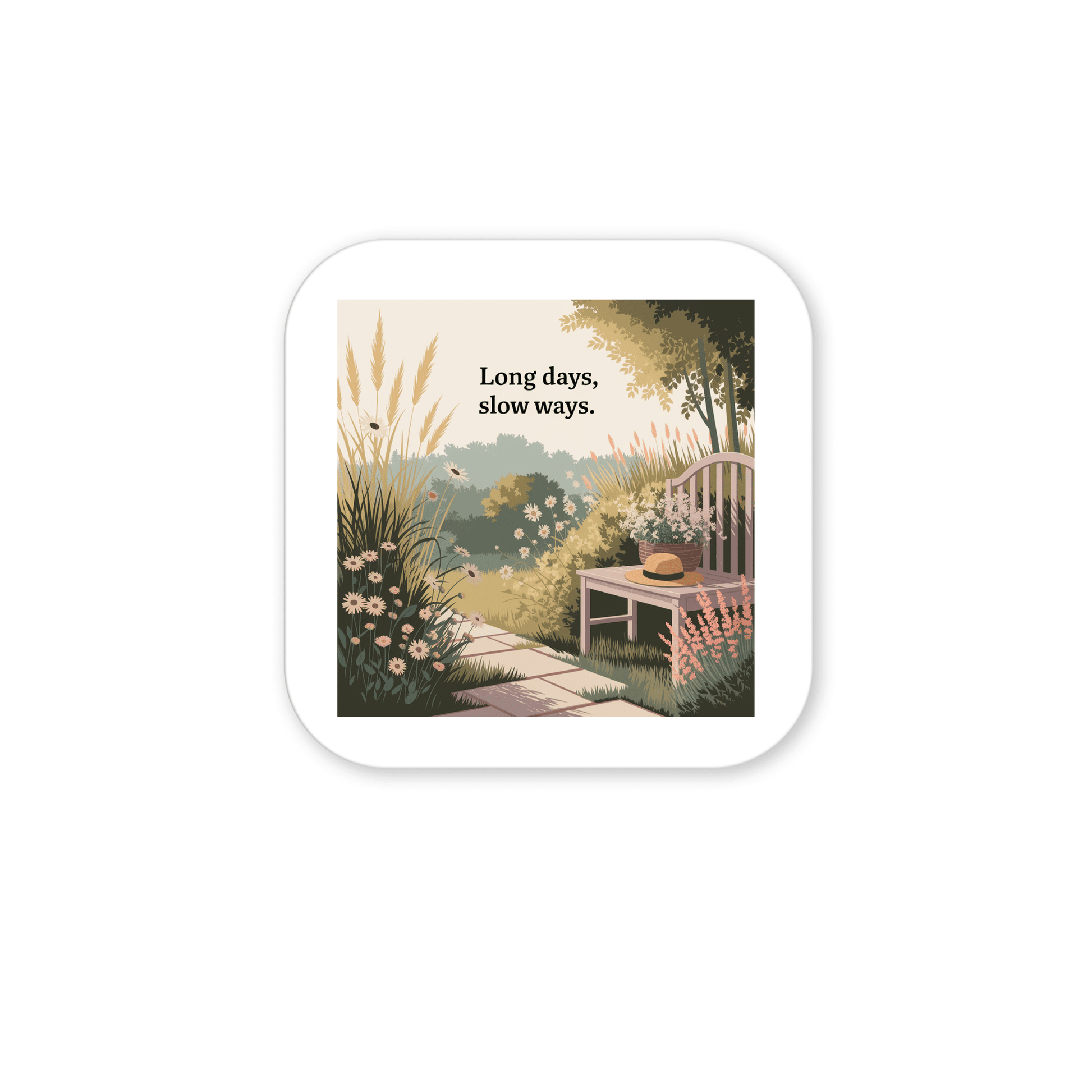 Add a peaceful touch to your space with Mirabilia Boutique’s "Long Days, Slow Ways" Magnet—featuring a tranquil garden scene with a wooden bench, straw hat, and flowers. Perfect summer decor for any fridge or magnet board!.