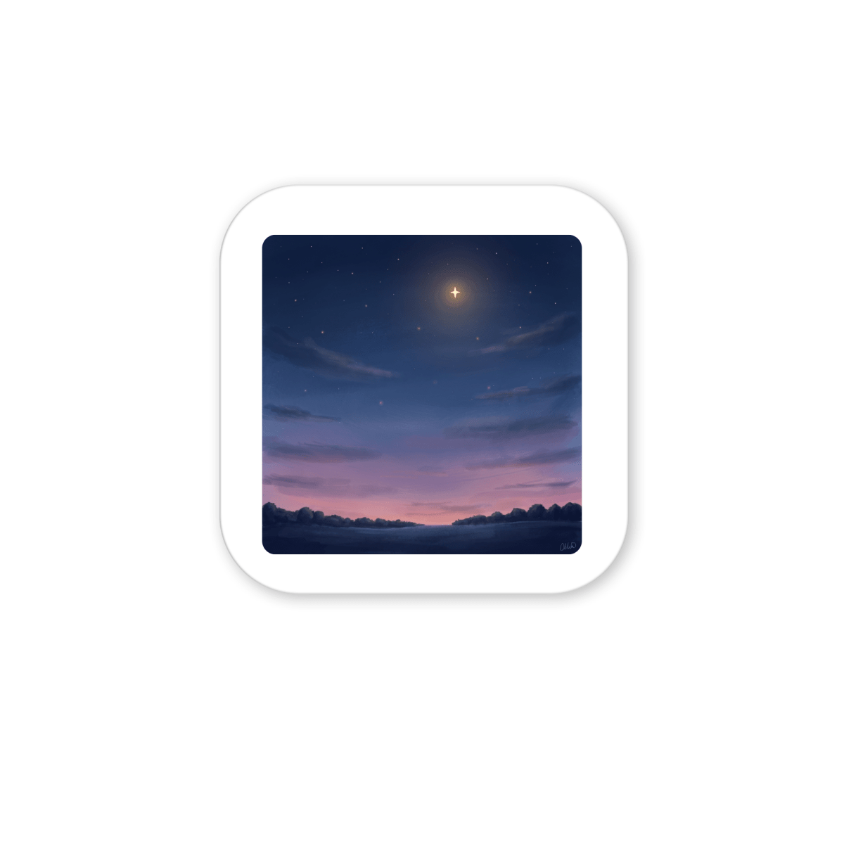 The Look Up Celestial Magnet by Mirabilia Boutique features a digital illustration of a twilight sky with a luminous star shining above the horizon, soft clouds drifting below, and a gradient of deep blue, purple, and pink hues—all framed within a white rounded square. This charming small artwork magnet is perfect for bringing celestial beauty to any space.